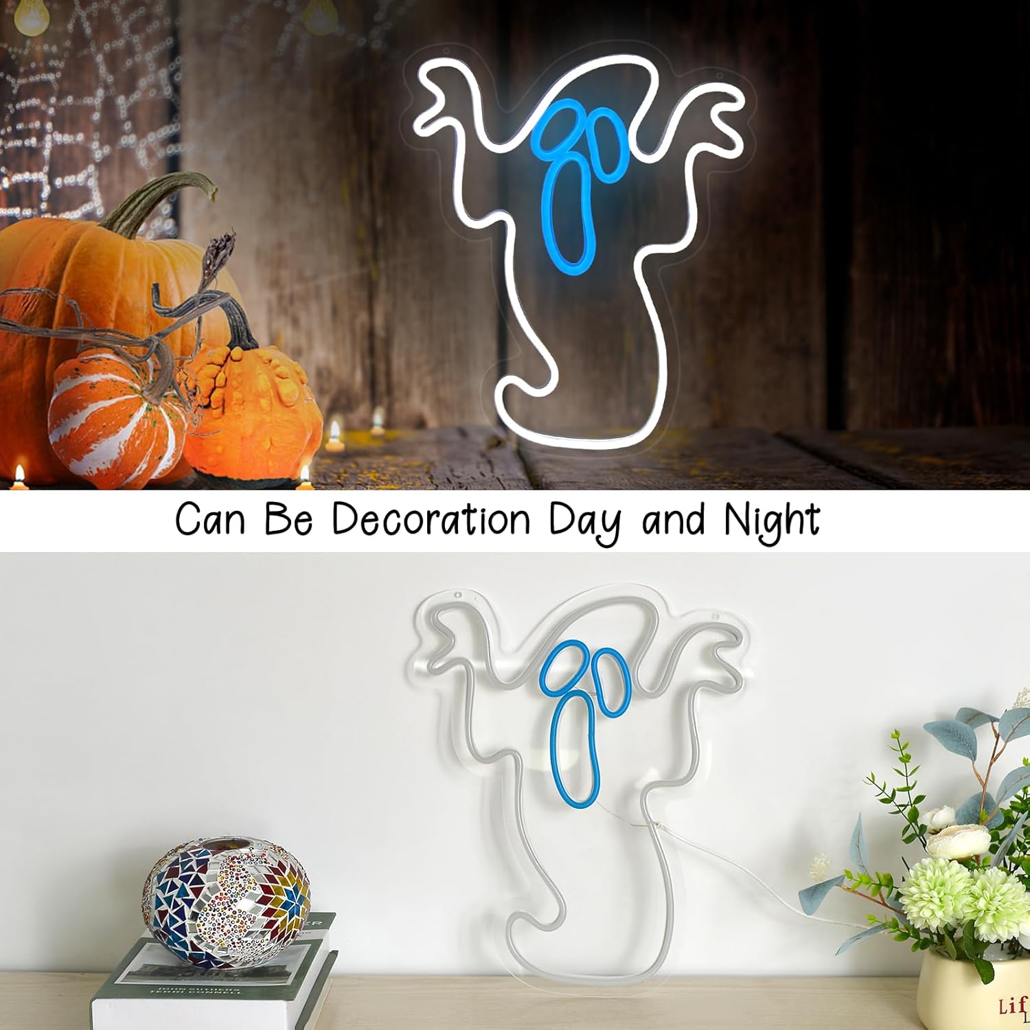 Letrero de neón de fantasma de Halloween con USB o funciona con pilas, decoración de pared de fiesta, luces colgantes de Halloween de brillo