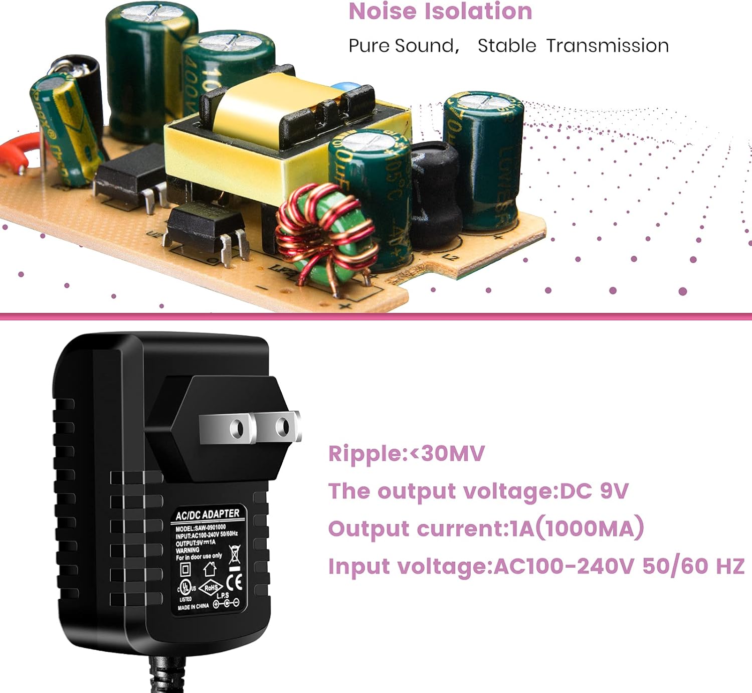 Fuente de alimentación de guitarra, adaptador de cargador de pared de CA 9 V CC 1A 1000 mA Punta Negativa 8 Way Daisy Chain Pedal Cables para la