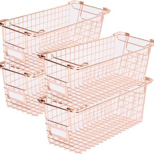 Paquete de 4 cestas apilables de almacenamiento de alambre con asas, para cocina, baño, armarios, armarios, encimeras, contenedores organizadores Paquete de 4 cestas apilables de almacenamiento de alambre con asas, para cocina, baño, armarios, armarios, encimeras, contenedores organizadores