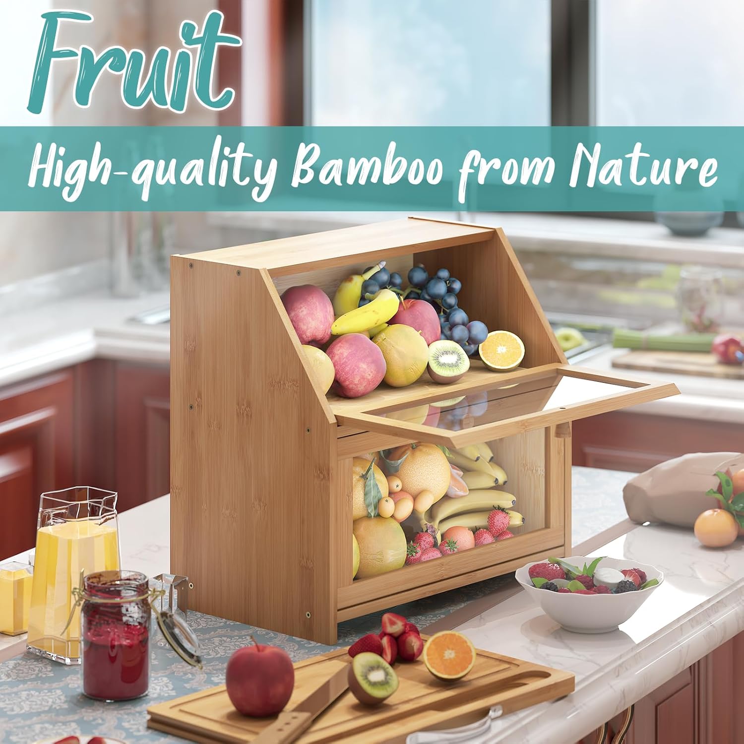 Panera grande con tabla de cortar, panera para encimera de cocina, panera de madera de bambú (panel de puerta transparente + tabla de cortar)