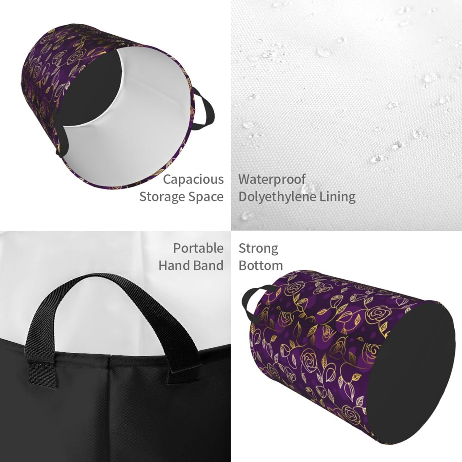 Cesta de lavandería con asas, para ropa sucia, juguetes, organiza almacenamiento, compatible con flores florales, moradas y doradas, cesta de