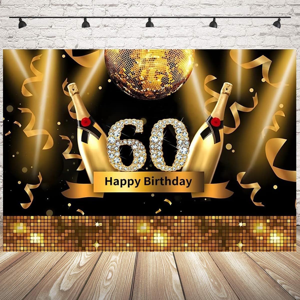 Cinta brillante de 7 x 5 pies, color dorado con texto en inglés “Cheers”, con diamantes brillantes y brillantes, número 60, color negro y dorado