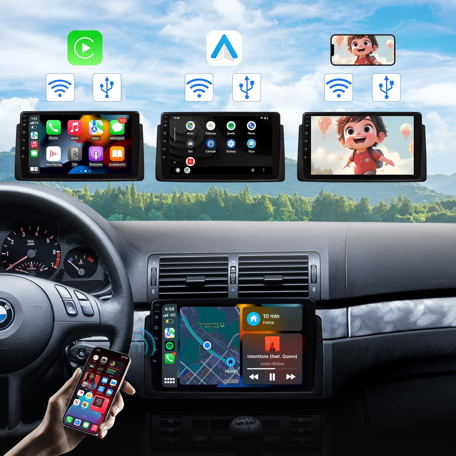 Eonon Estéreo de auto Android 10, estéreo para auto CarPlay y Android, radio de coche de 9 pulgadas compatible con BMW Serie 3 1999-2005 (E46),