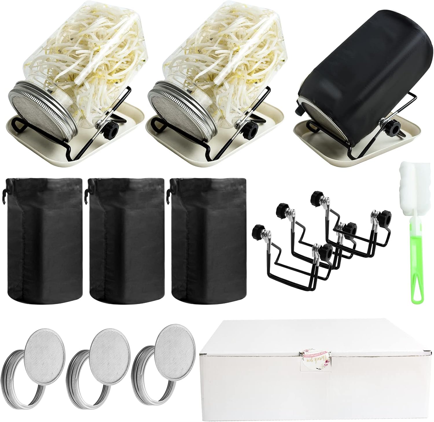 Kit de germinación, kit de 3 tarros de germinado, kit de cultivo de brotes, con 3 tapas de brote, mangas opacas, soporte para germinado, bandeja de