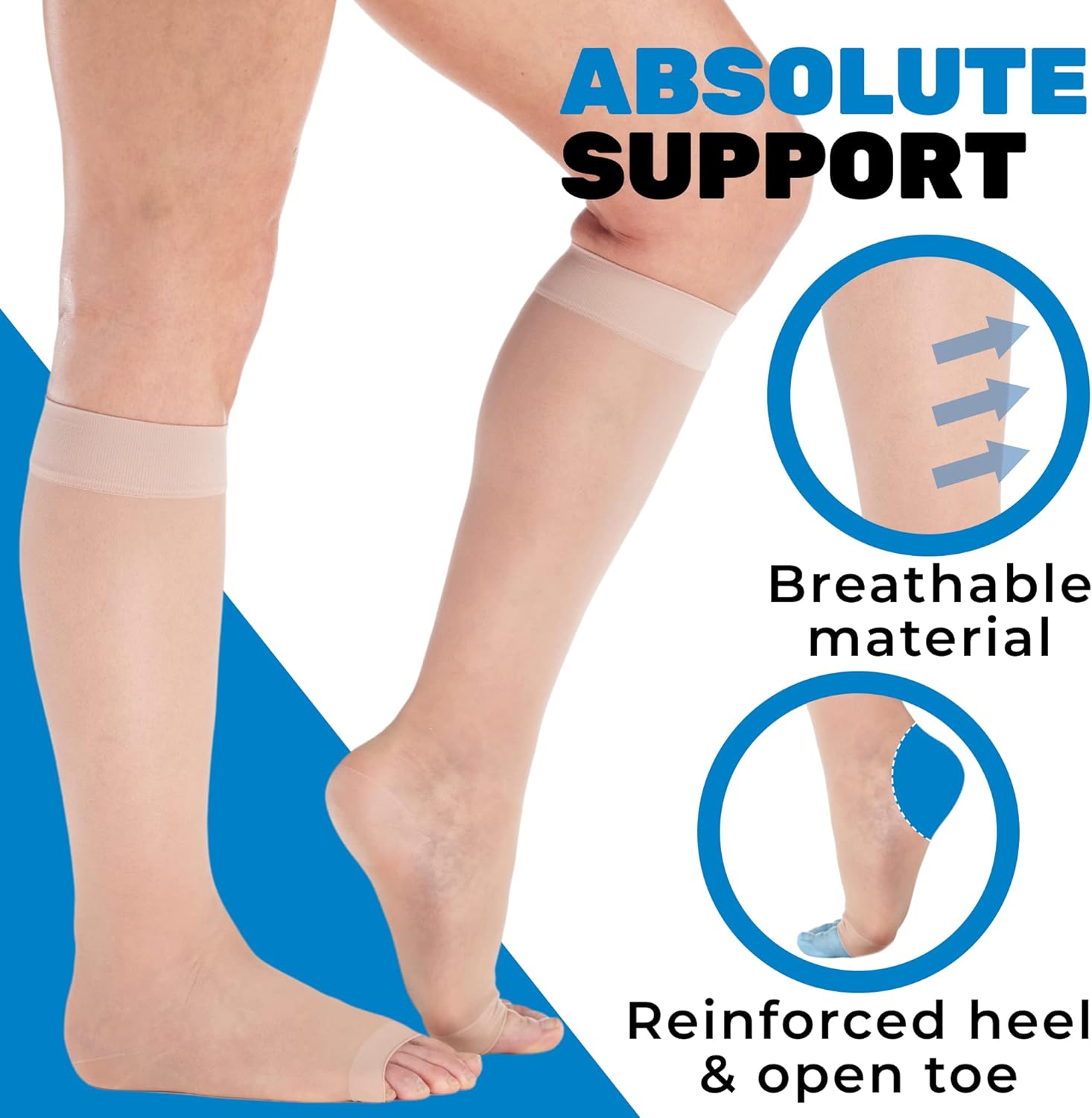 ABSOLUTE SUPPORT Hechos en Estados Unidos – Calcetines de compresión para mujer de circulación de 15-20 mmHg, punta abierta – A111, Desnudo