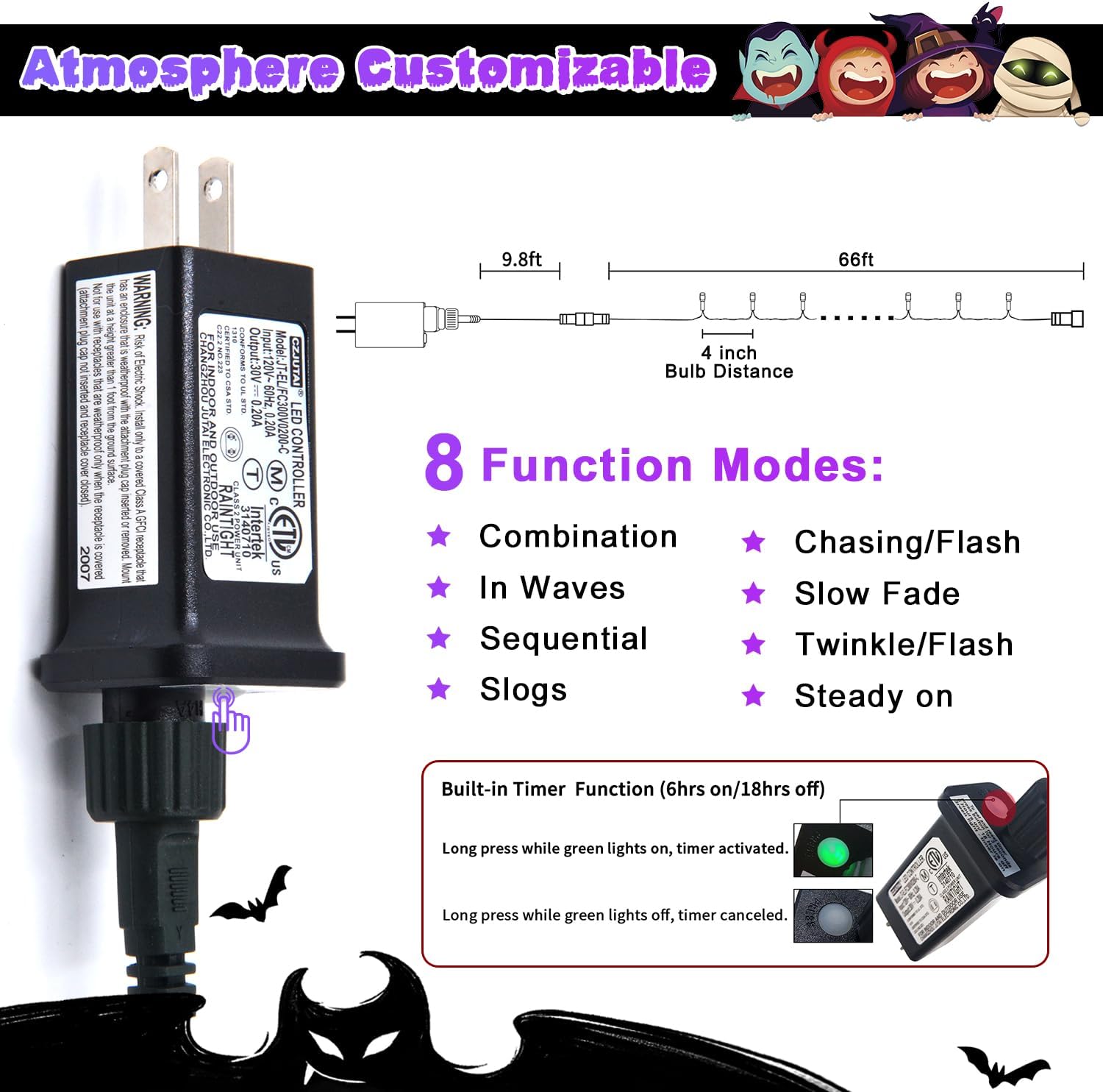 JMEXSUSS – 200 luces LED de Navidad púrpuras para exteriores, 66 pies, luces de cadena de luces púrpuras, expandibles, con 8 modos, impermeables,