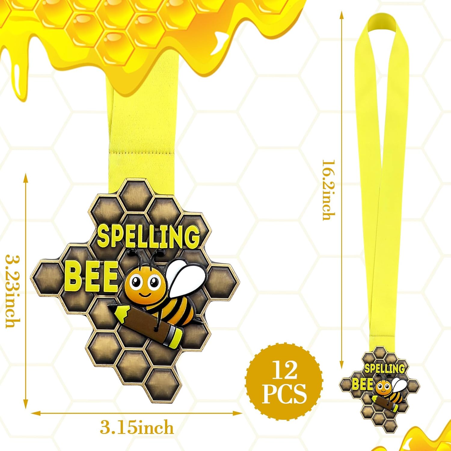 Zonon 12 medallas de panal de abeja de ortografía a granel con cinta para el cuello, medallas de premio de abeja, de 3.23 x 3.15 pulgadas, trofeo de