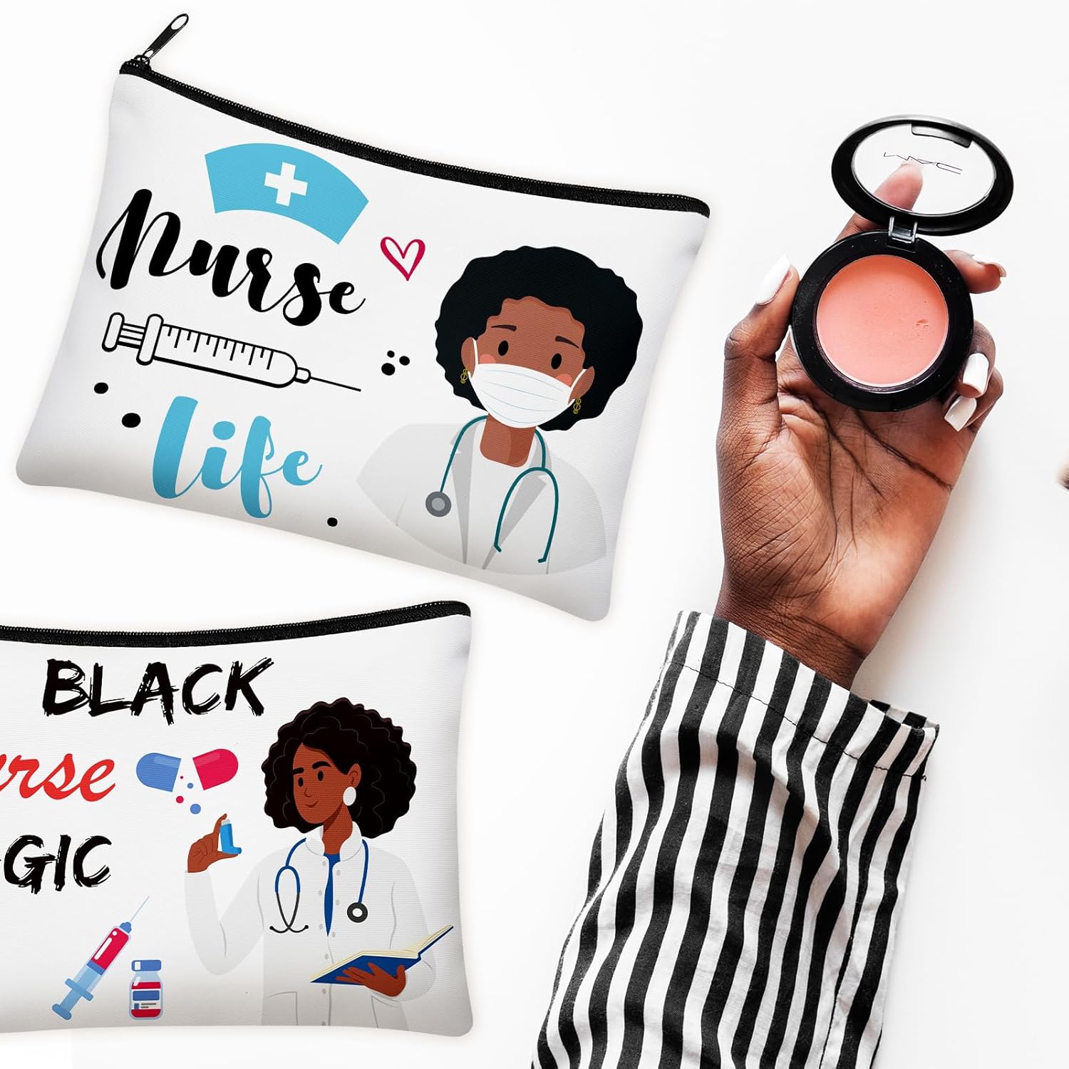 Layhit Bolsa de maquillaje negra para enfermera, 6 unidades, de lona, regalo de enfermera afroamericana, bolsa de maquillaje de viaje, kit de