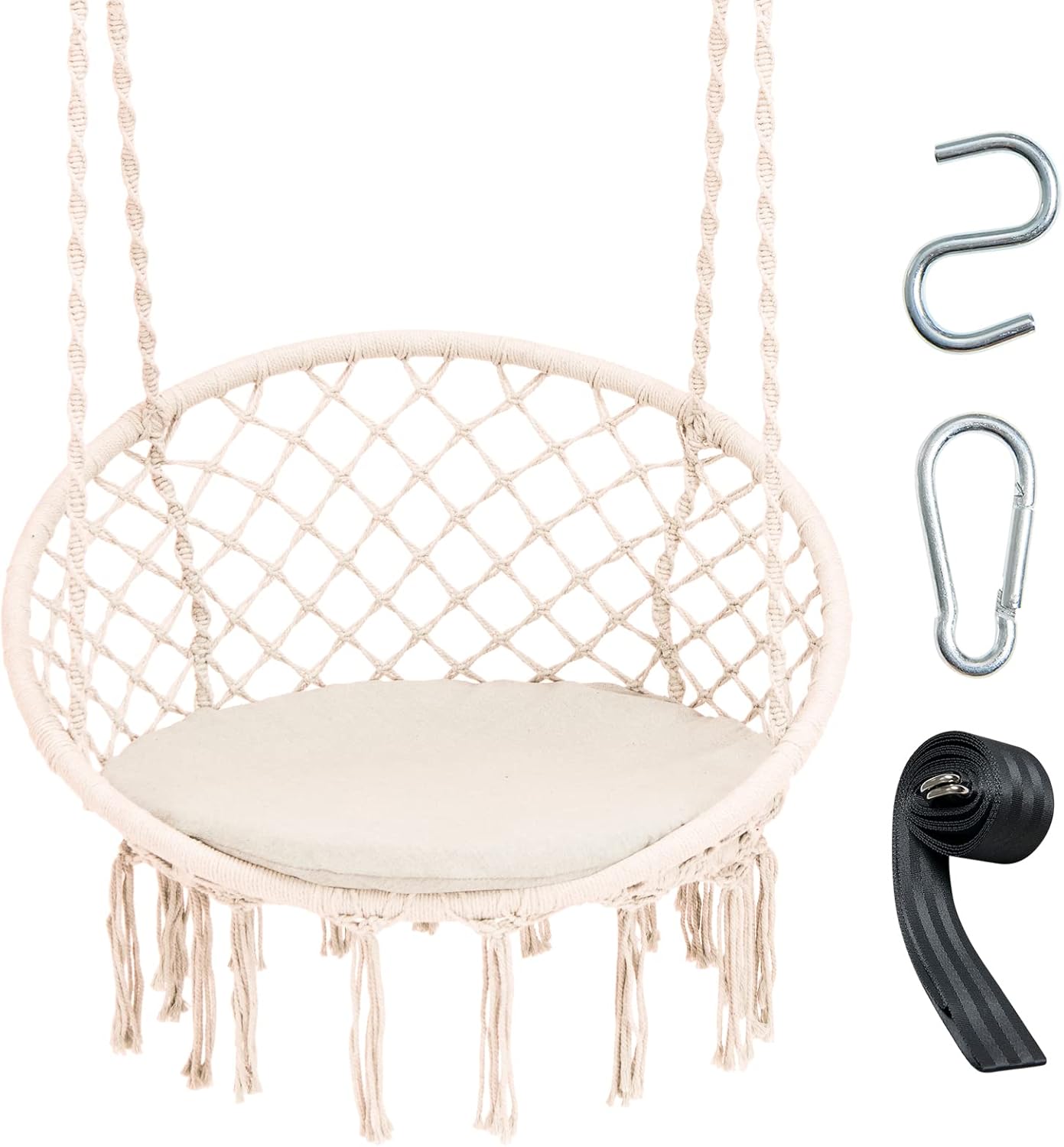 Giantex Silla hamaca de macramé  Silla colgante con cojín y kit de herramientas, capacidad de peso de 330 libras, columpio interior para soporte de
