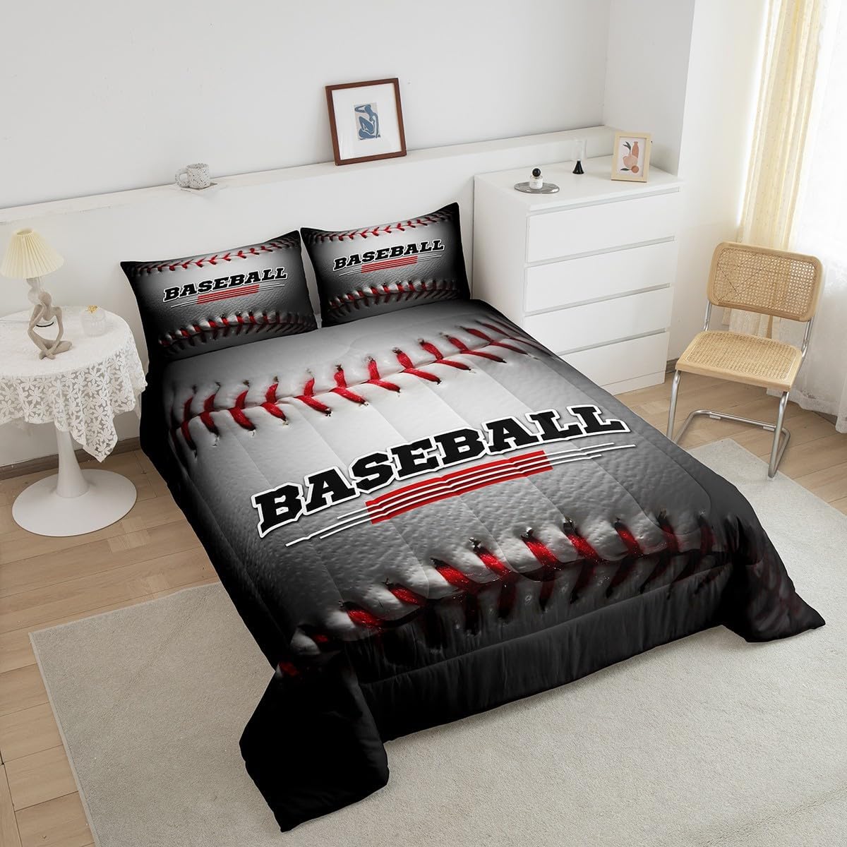 Manfei Juego de edredón de béisbol blanco para niños, tamaño matrimonial, juego de edredón con temática deportiva con 2 fundas de almohada, juego de