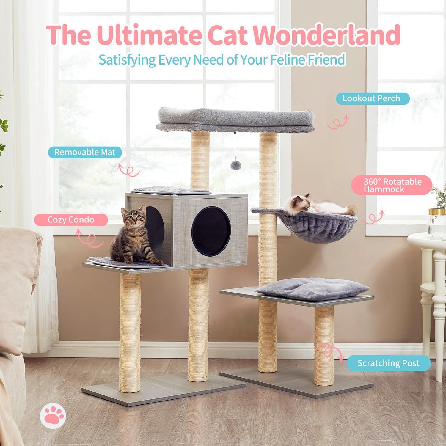 Made4Pets – Árboles para gatos grandes de interior, torre moderna para gatos con poste rascador de sisal, condominio de escalada de madera para
