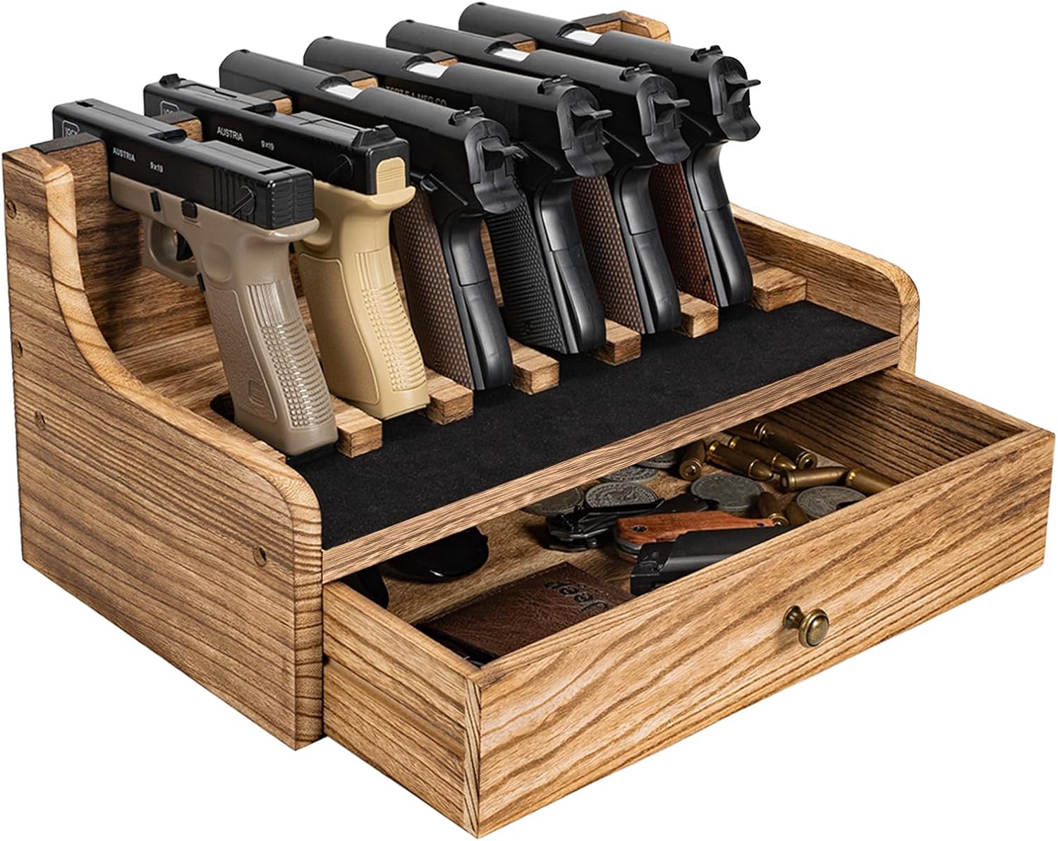 Estante para pistola para caja fuerte y gabinetes, estante de madera maciza con cajón para pistola de estilo rústico seguro accesorio para pistola y