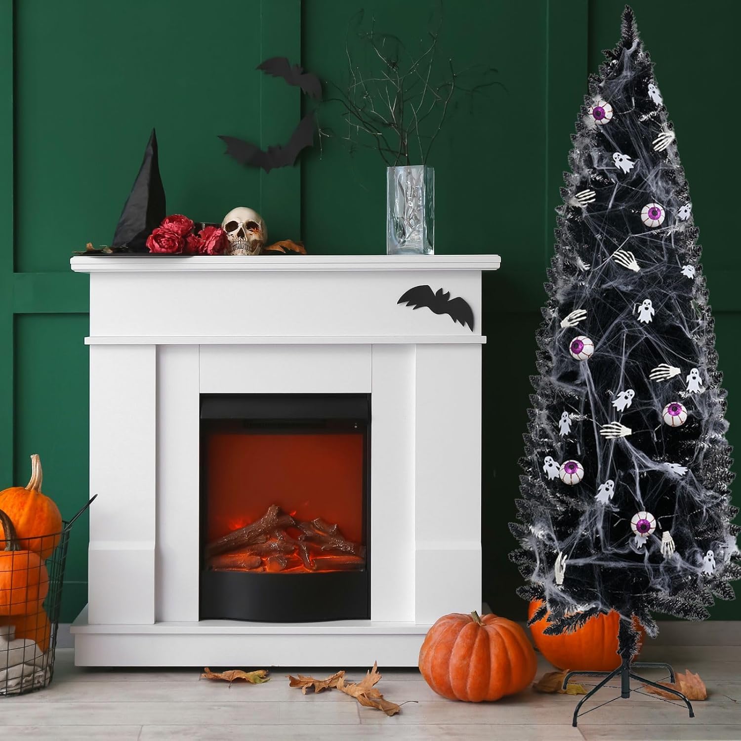 XmasExp Árbol de Navidad negro de Halloween, árbol de Navidad artificial de 5 pies con luces LED moradas, 8 modos de iluminación, tela de araña,