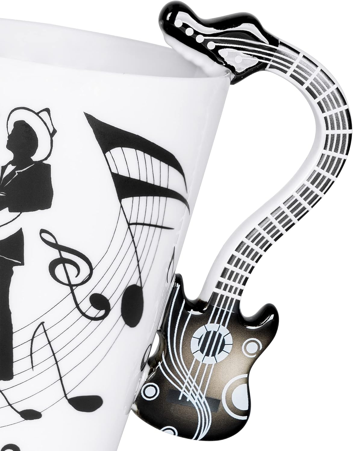 LanHong – Taza de guitarra con diseño de notas musicales de 13.5 onzas, taza de café, té, leche, taza de cerámica, regalo para un amigo (color negro)