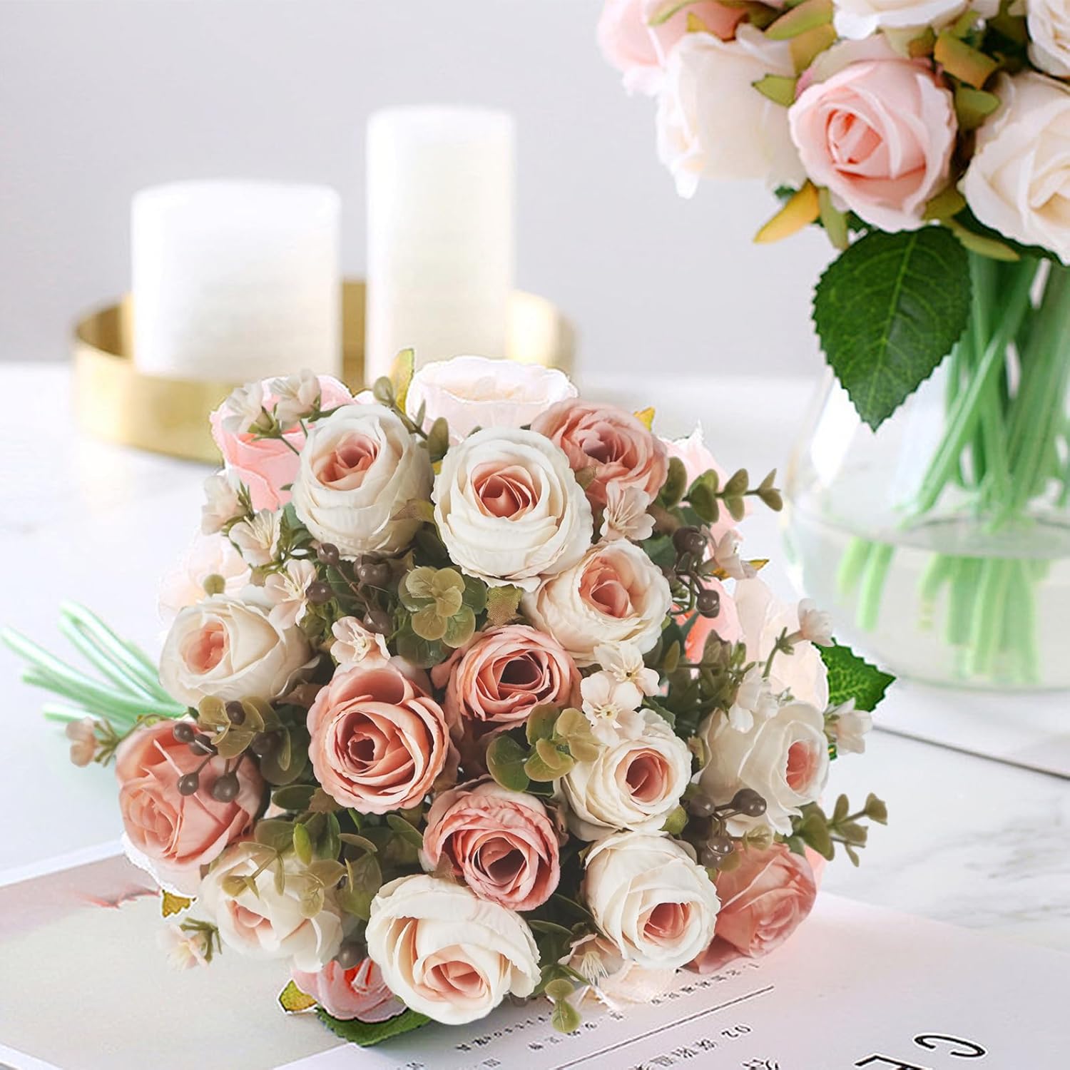 YIRSEDI Flores artificiales de seda, 3 paquetes de rosas falsas, ramo de rosas sintéticas clásicas, arreglos florales, decoración para mesa de boda,