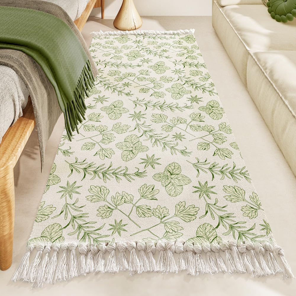 Alfombra botánica de 2 x 6 pies, con borlas y hojas verdes, para pasillo, dormitorio, sala de estar, baño, cocina, mezcla de algodón de calidad,