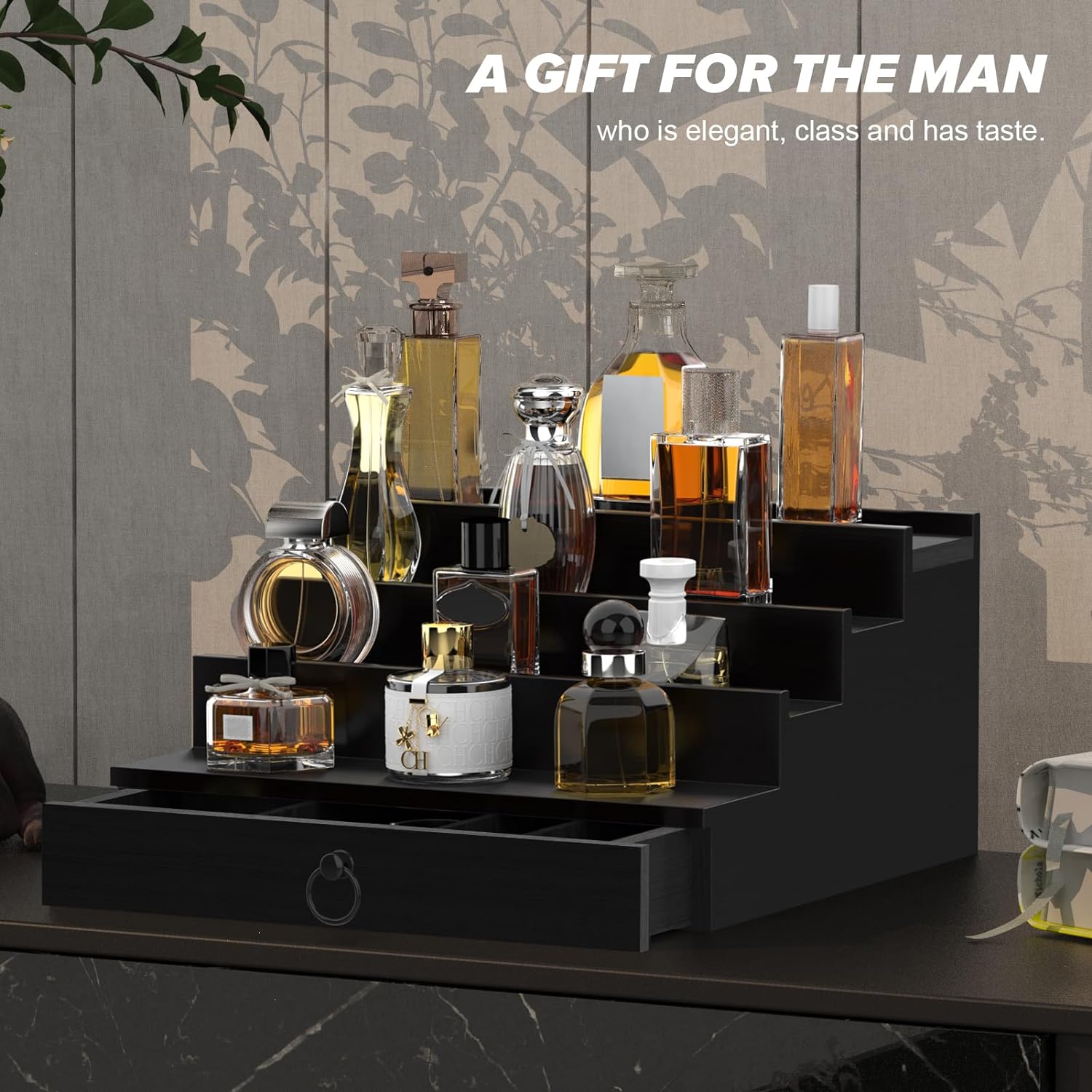 upcessory Organizador de colonia para hombres, organizador de perfume de madera de 4 niveles con cajón de forro de fieltro y compartimento oculto,