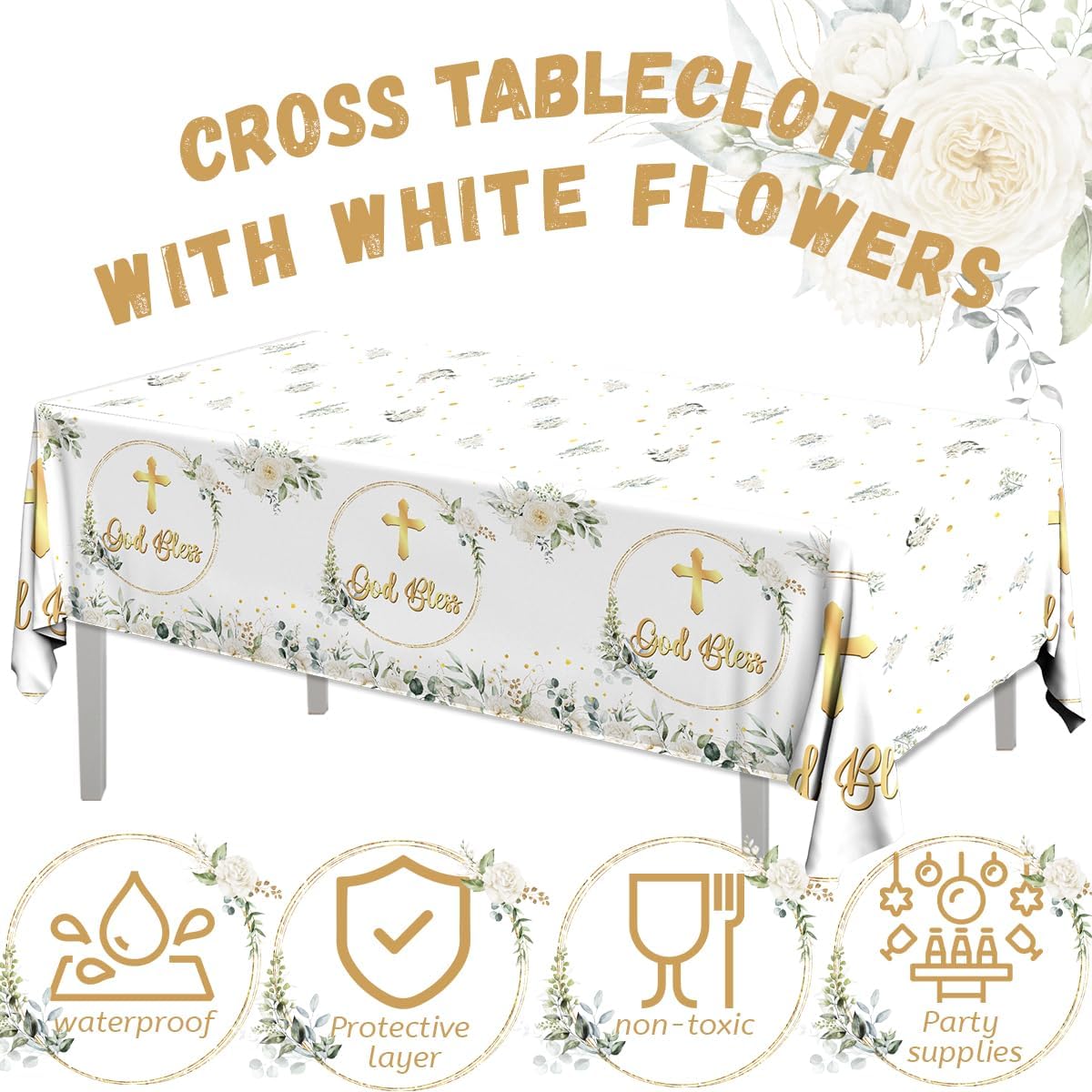Decoraciones de primera comunión, mantel de bautismo con texto en inglés “God Bless Bautismo”, 3 piezas de mantel blanco para recién nacidos, baby