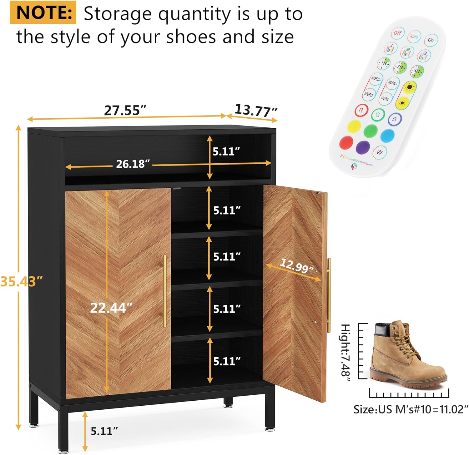 LITTLE TREE Armario de zapatos con puertas y luz LED, 16 pares de almacenamiento de zapatos de entrada, zapateros organizador de almacenamiento para