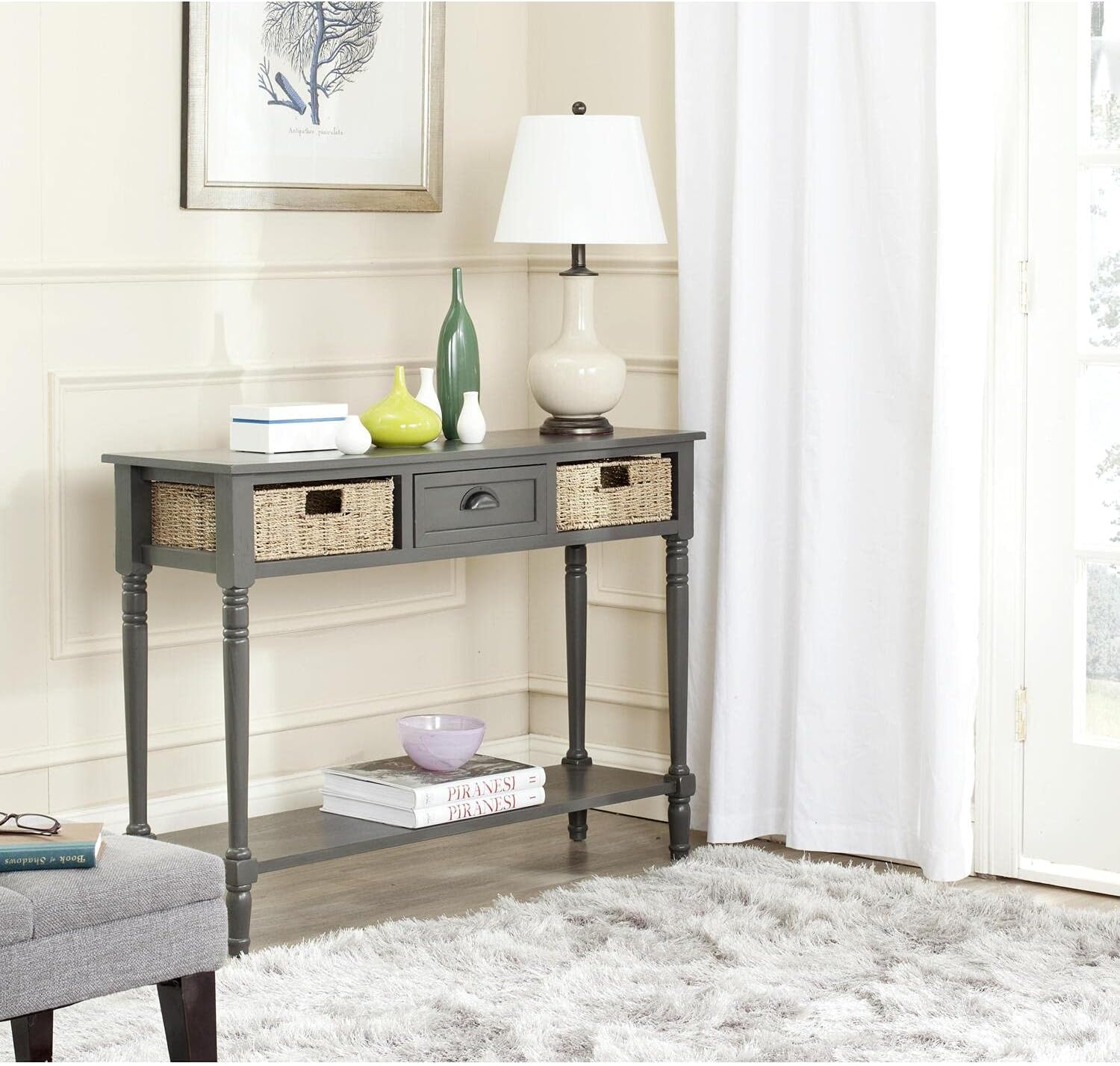 Safavieh American Homes Collection Winifred – Mesa consola de mimbre gris con almacenamiento