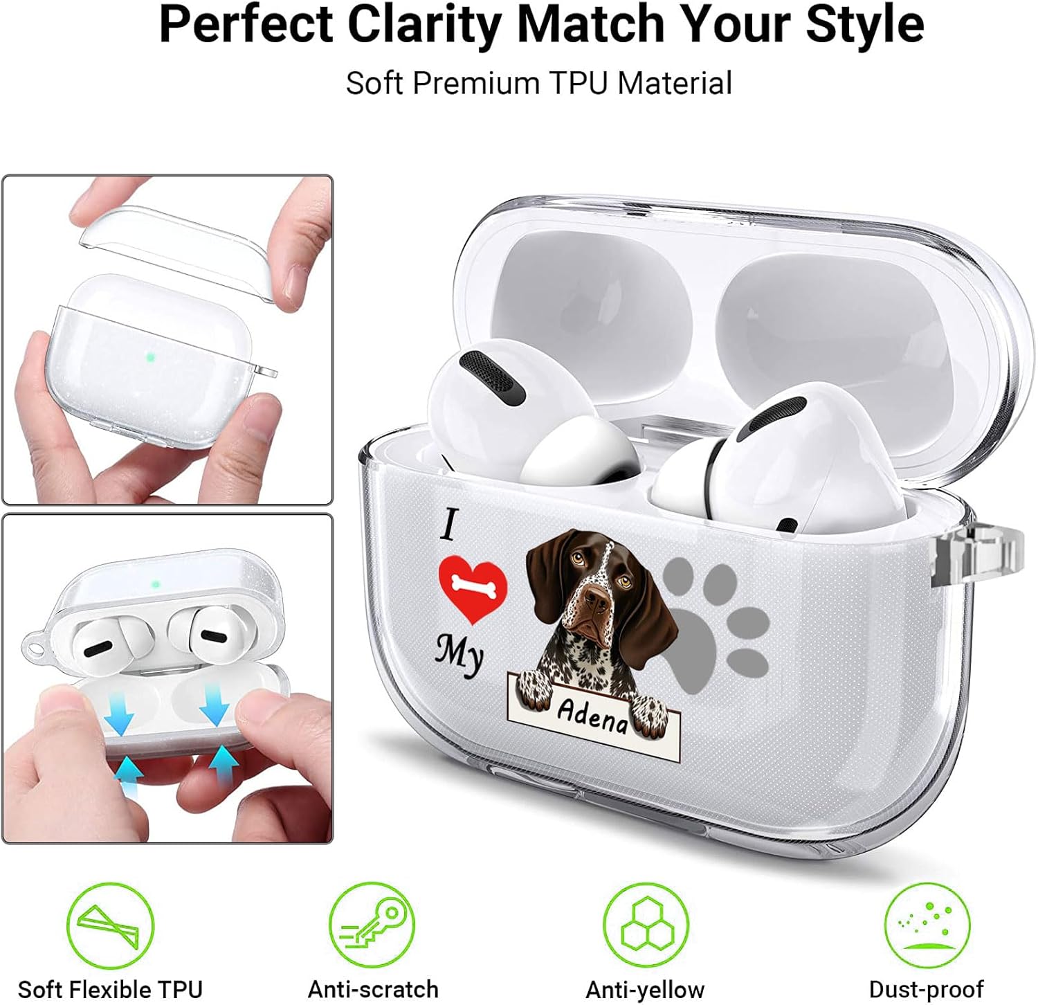 VNGDA Funda transparente personalizada con nombre de mascota I Love My German Shorthaired Pointer Dog Haedphone para Apple AirpodS Pro 21 y 3