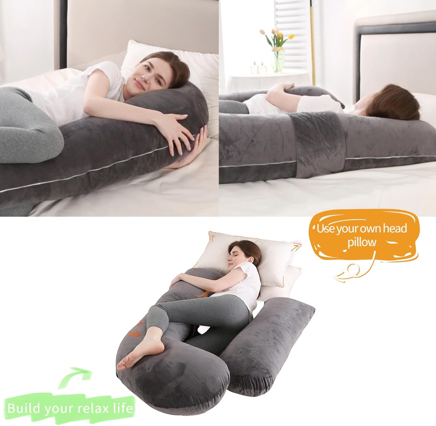 Almohadas de embarazo para dormir, almohada de cuerpo completo en forma de arqueada para mujeres embarazadas, almohada de embarazo suave con funda