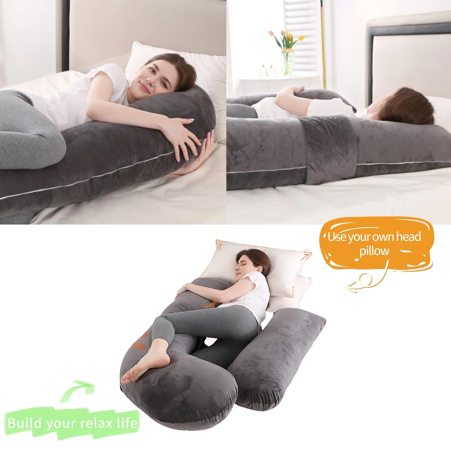 Almohadas de embarazo para dormir, almohada de cuerpo completo en forma de arqueada para mujeres embarazadas, almohada de embarazo suave con funda