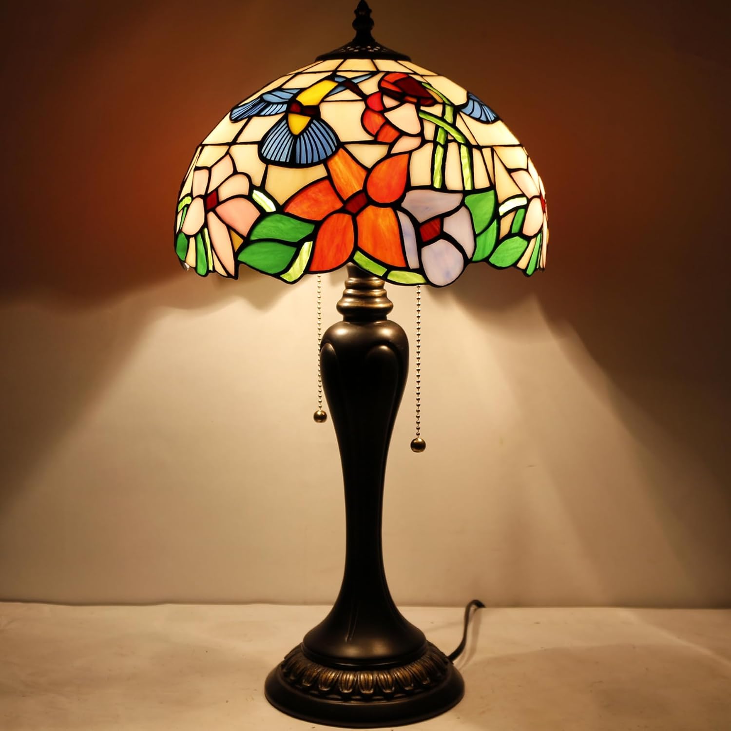 WERFACTORY Tiffany Lámpara de mesa de cristal manchado, estilo colibrí, mesita de noche, luz de lectura, 12 x 12 x 22 pulgadas, decoración para