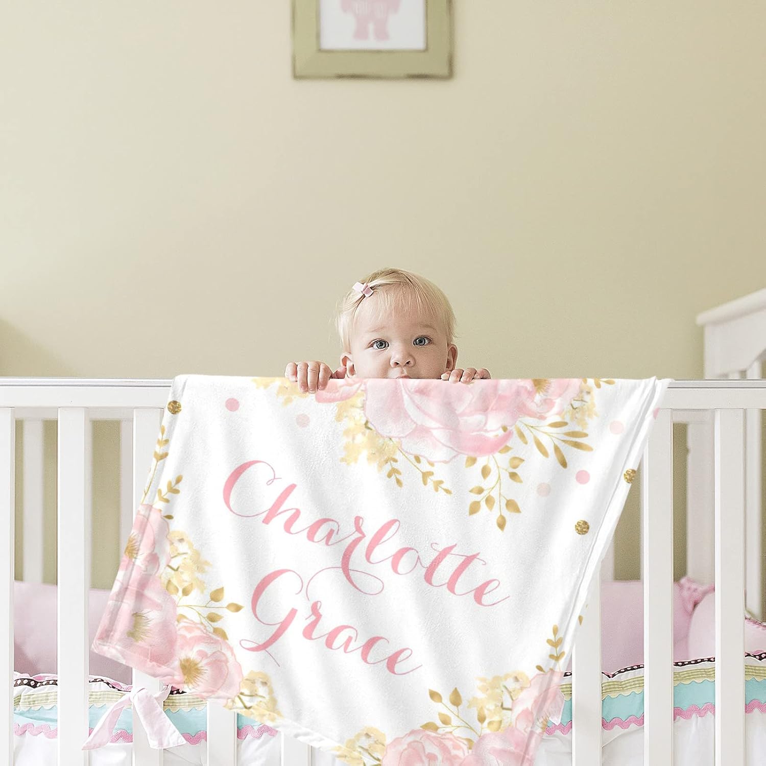 Mantas de bebé personalizadas para niñas con nombre, regalos de bebé personalizados para niñas, manta rosa suave para niña, corona floral rosa, 30 x