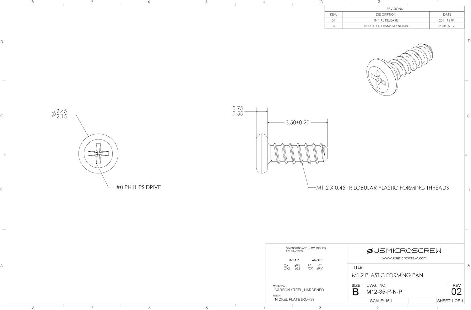 M1.2 X 0.138 in Rosca de plástico que forma el tornillo niquelado cabeza de la cacerola Phillips Drive (100 piezas) – M12-35-P-N-P