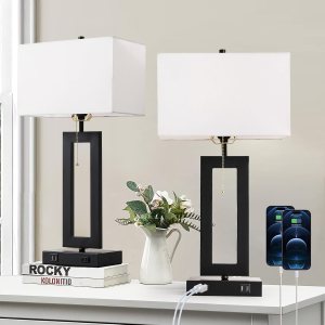 IBBIBABO Juego de 2 lámparas de mesa industriales con 2 puertos USB y salida de CA, lámparas negras de 22.5 pulgadas, lámparas blancas modernas para IBBIBABO Juego de 2 lámparas de mesa industriales con 2 puertos USB y salida de CA, lámparas negras de 22.5 pulgadas, lámparas blancas modernas para