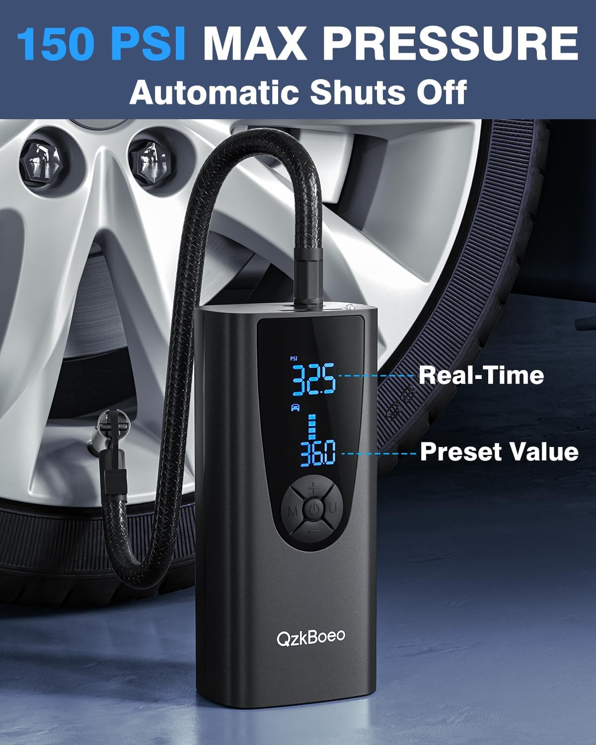 Compresor de aire portátil para inflador de neumáticos, bomba de aire QzkBoeo para neumáticos de automóvil con medidor de presión de neumáticos (150