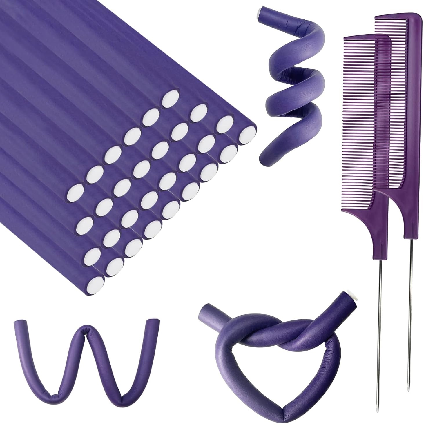 60 varillas flexibles para rizar, de espuma giratoria, sin calor, rodillos de pelo y peine de cola de rata de acero para cabello largo y corto, para