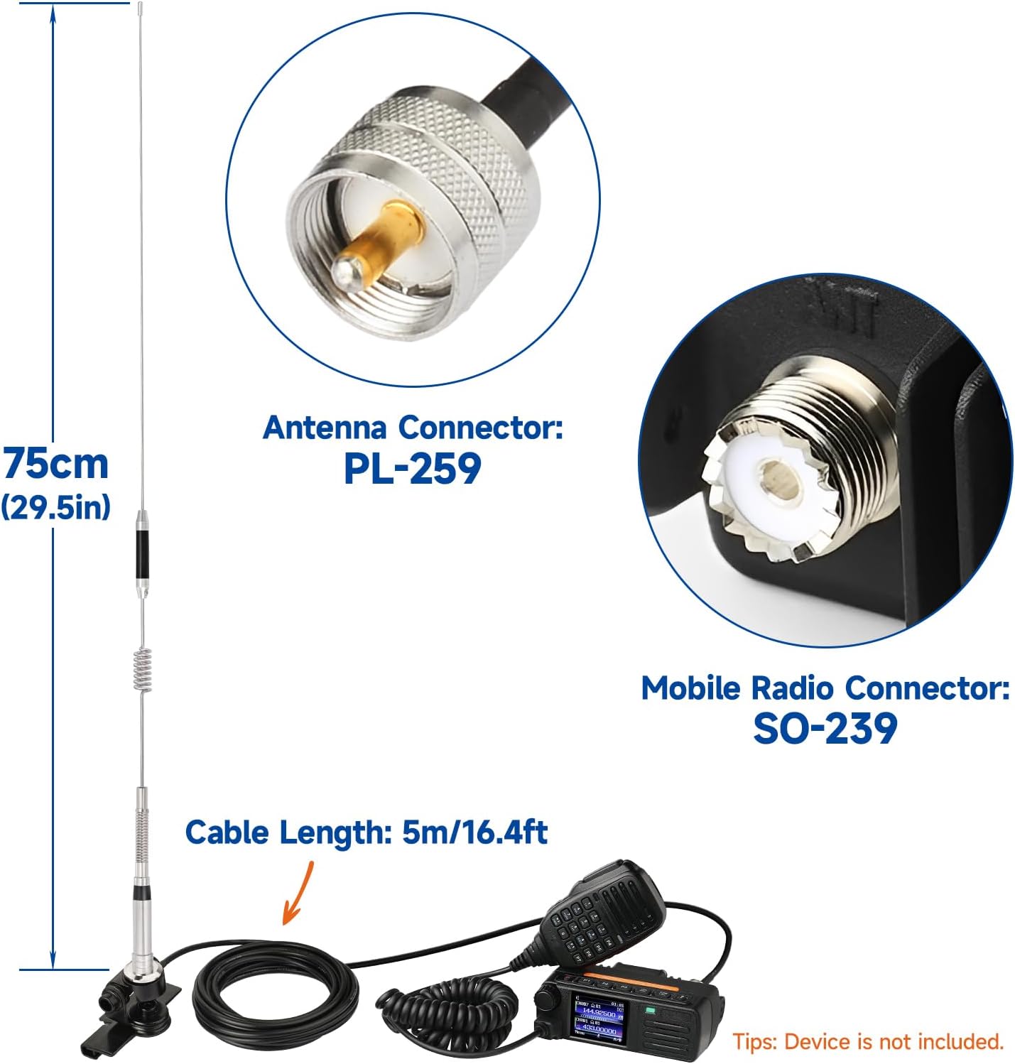 Eightwood Antena de radio de jamón móvil para vehículos PL259 VHF UHF 144430MHz Antena antioxidante de 30 pulgadas con soporte fijo de montaje en