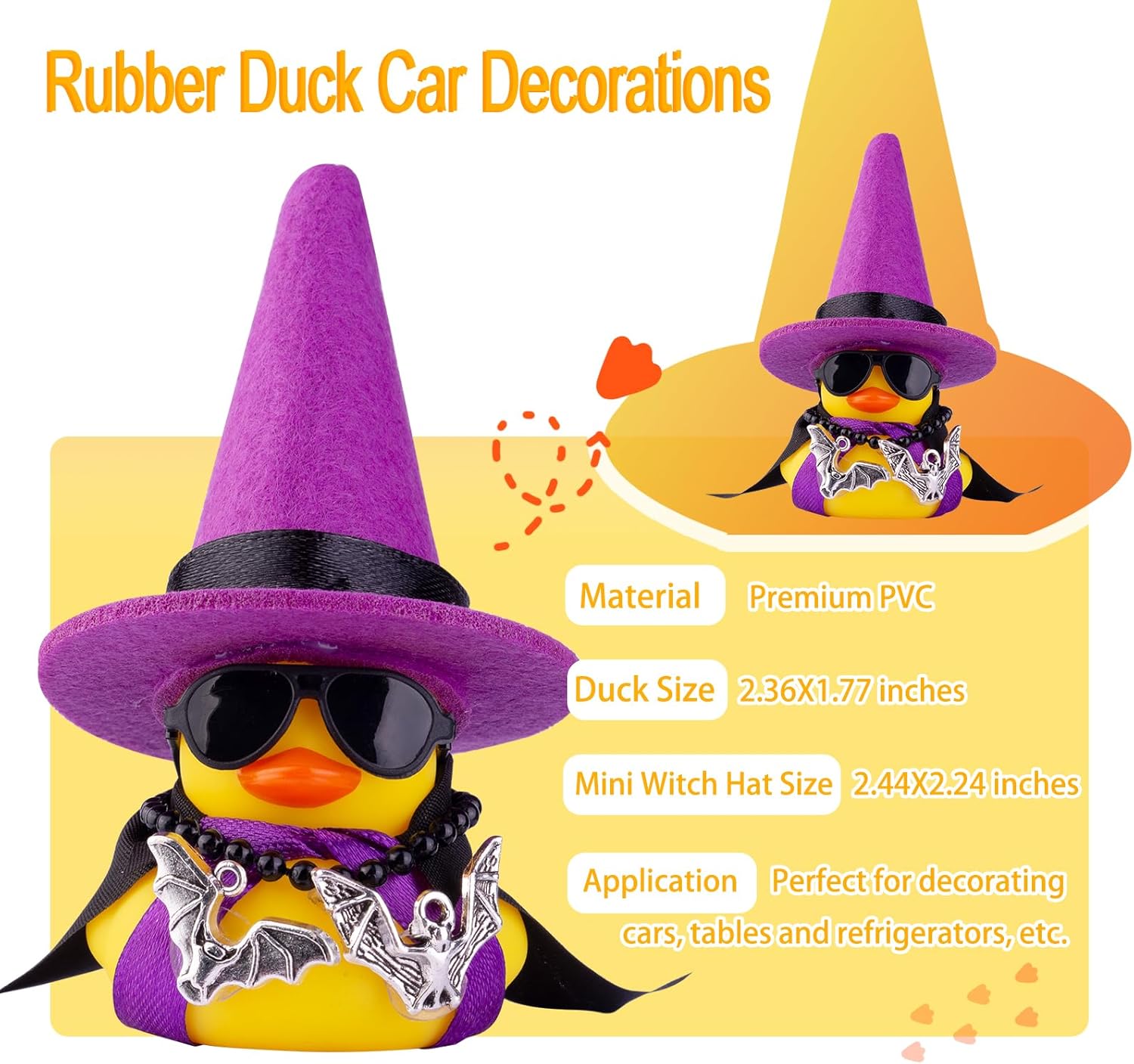 Adornos de pato de goma para automóvil, decoraciones de tablero de automóvil con mini sombrero de bruja, capa, collar, accesorios de Halloween para