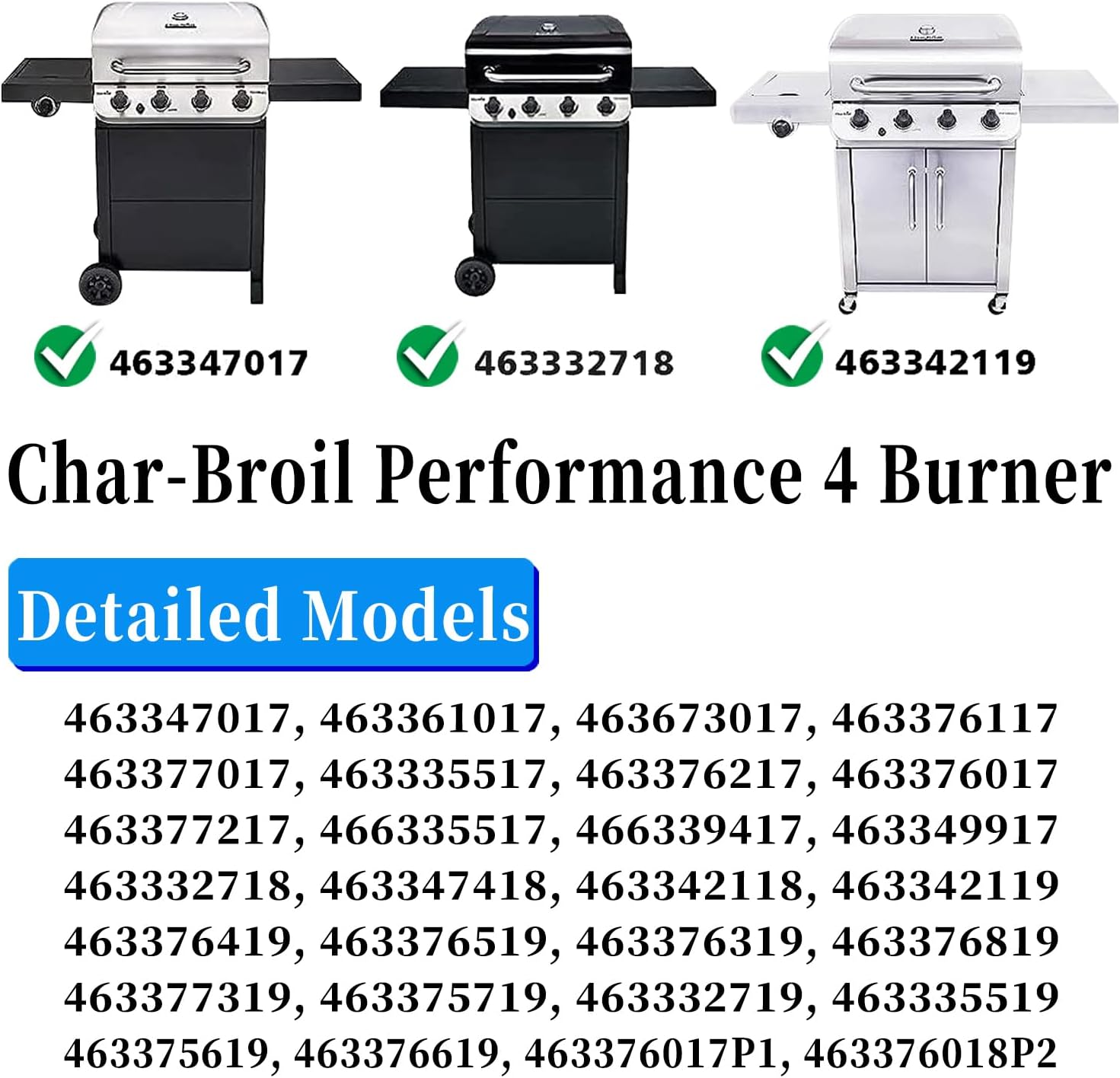 Piezas de repuesto para parrilla de 4 quemadores Charbroil Performance 463342119, 463332718, 463347017, 463335517, 463376419, piezas de repuesto