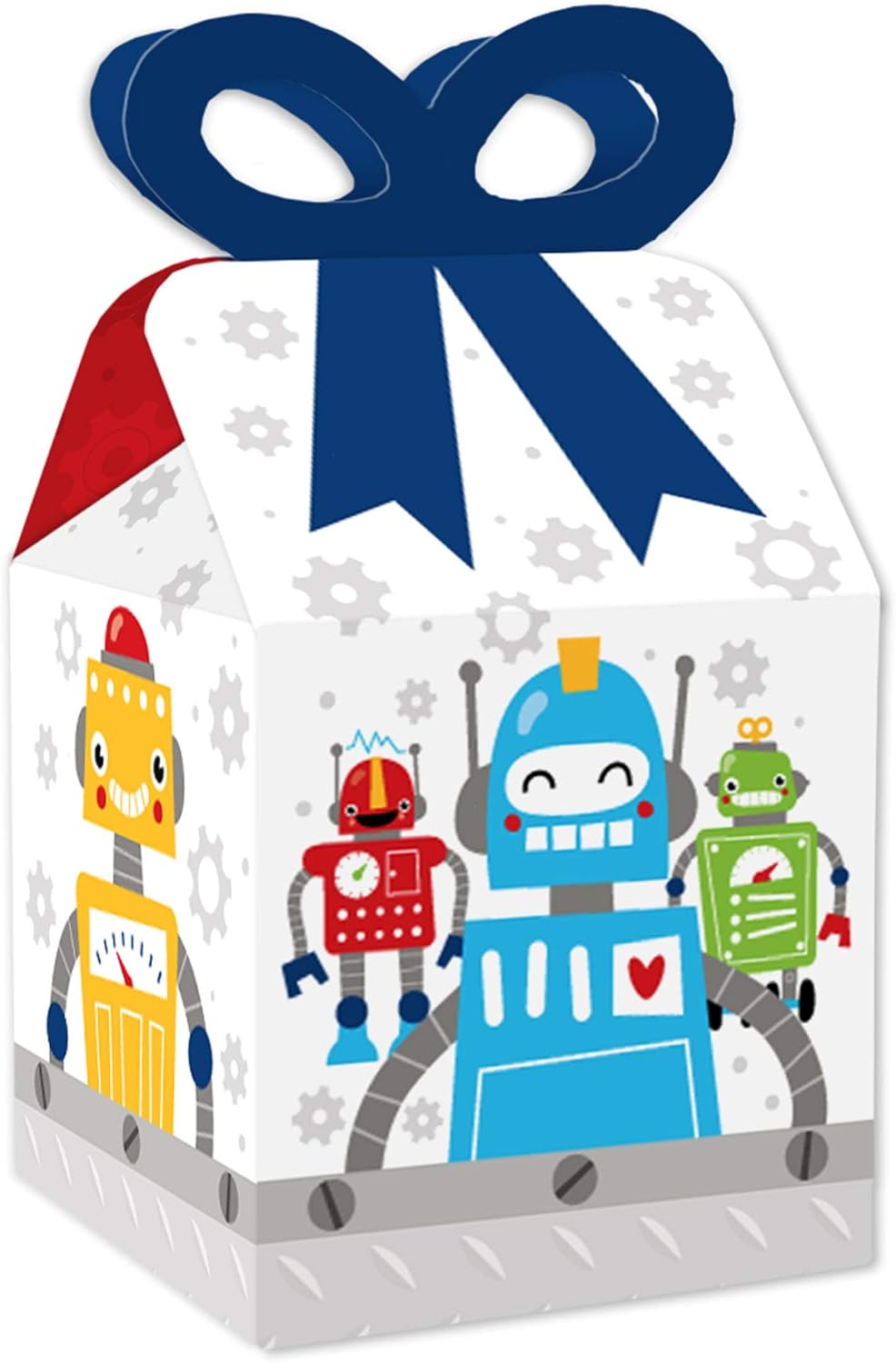 Big Dot of Happiness Gear Up Robots – Cajas de regalo cuadradas para fiestas de cumpleaños o baby shower, juego de 12