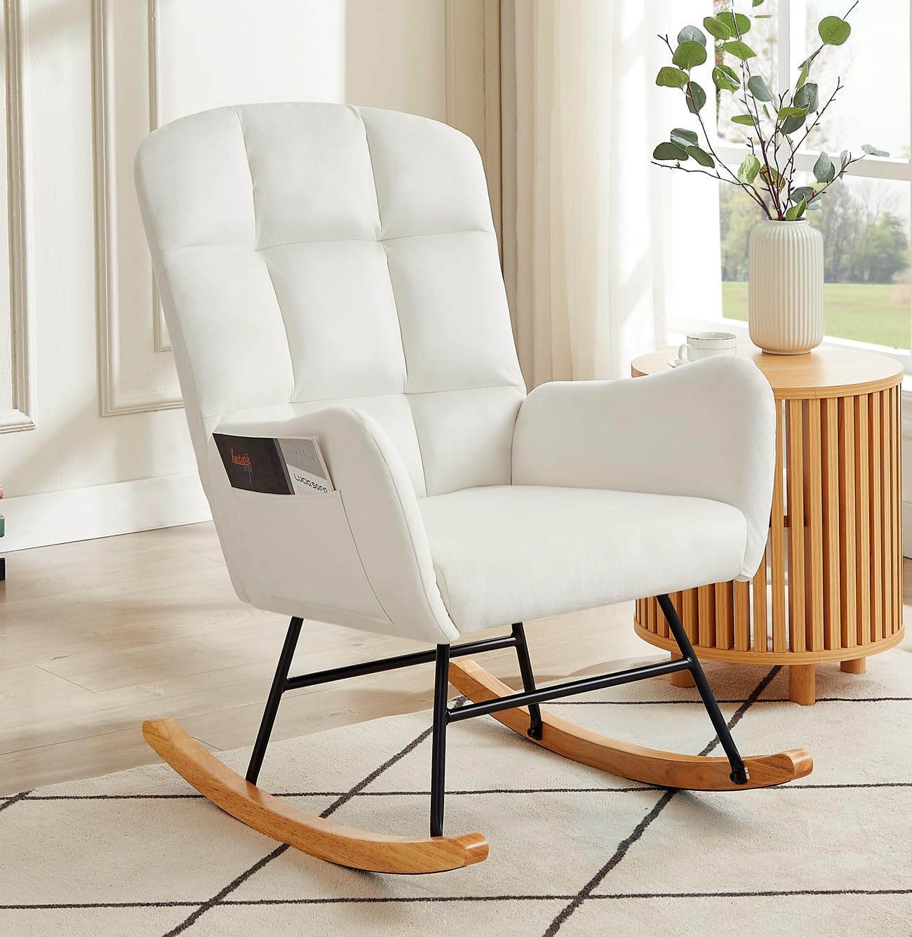 Mecedora para guardería, silla deslizadora tapizada con respaldo alto para sala de estar, dormitorio, oficinas (terciopelo blanco)