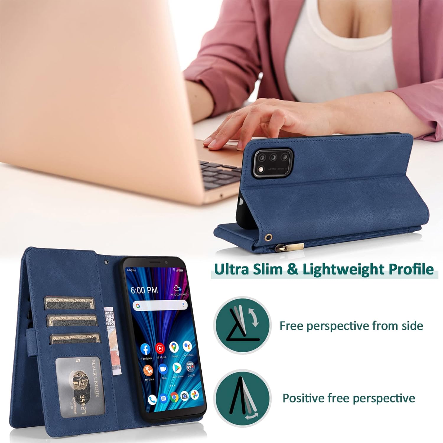 Compatible con Alcatel TCL A3X A600DL – Funda tipo cartera de vidrio templado, protector de pantalla de vidrio templado, con cremallera, funda de