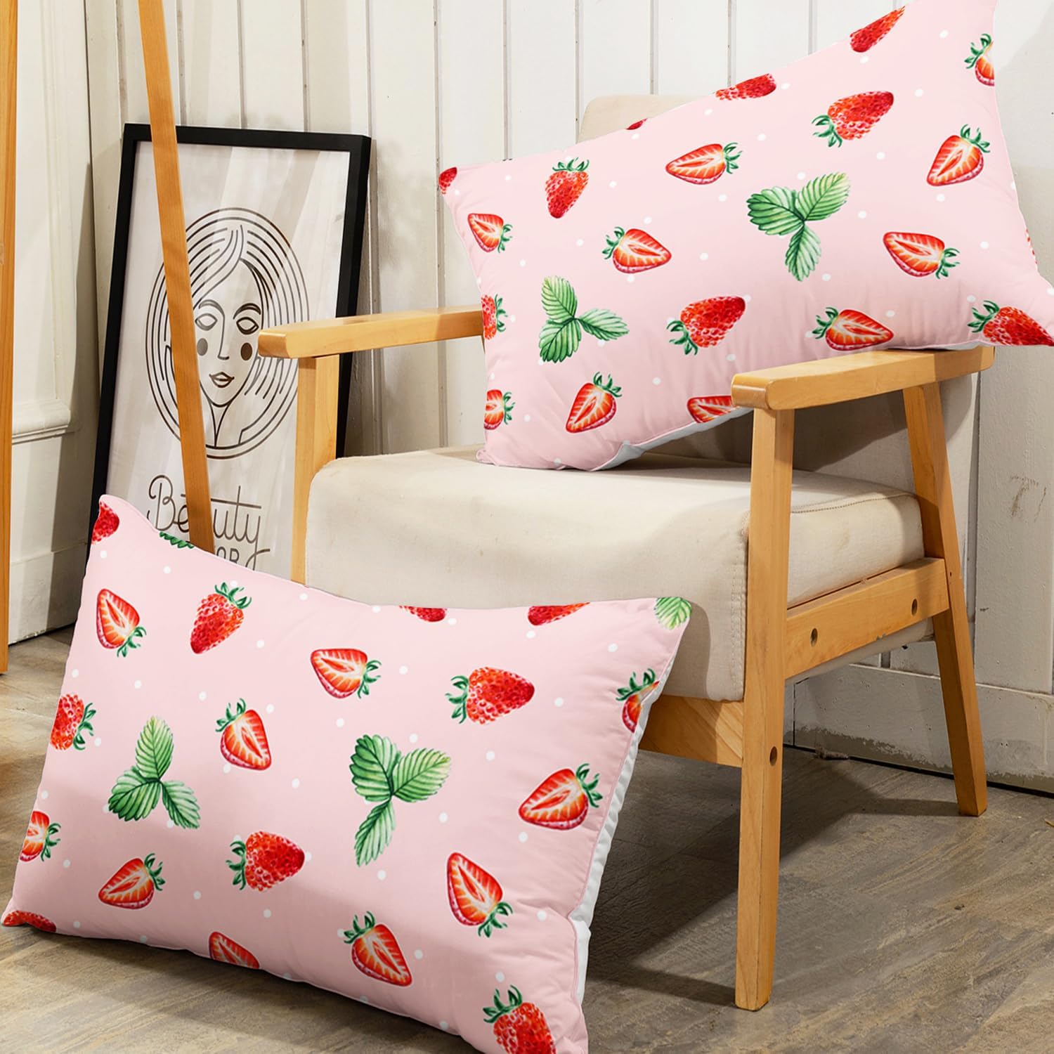 AILONEN Juego de sábanas bajeras de fresa tamaño individual, juego de sábanas bonitas de fresa para niñas, juego de sábanas temáticas rosas, 3
