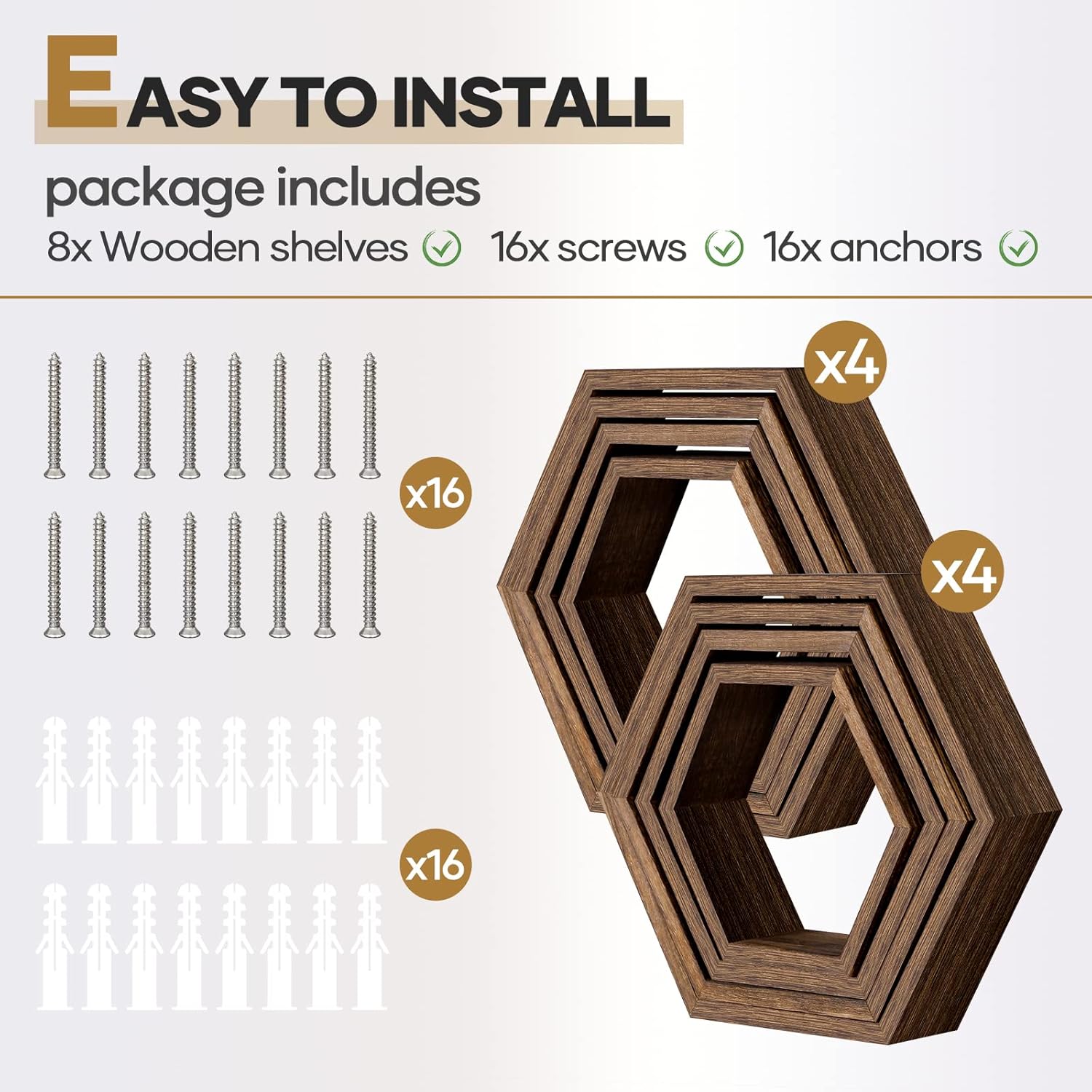 SEHERTIWY Paquete de 8 estantes flotantes hexagonales, estante de pared de nido de abeja de madera marrón para casa y oficina