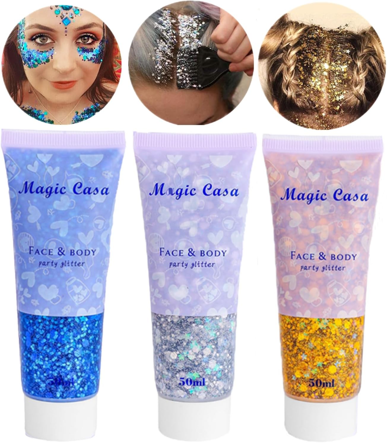Gel de purpurina corporal de 3 colores, brillo de lentejuelas para rostro y cuerpo, purpurina gruesa de sirena, festival de polvo cosmético