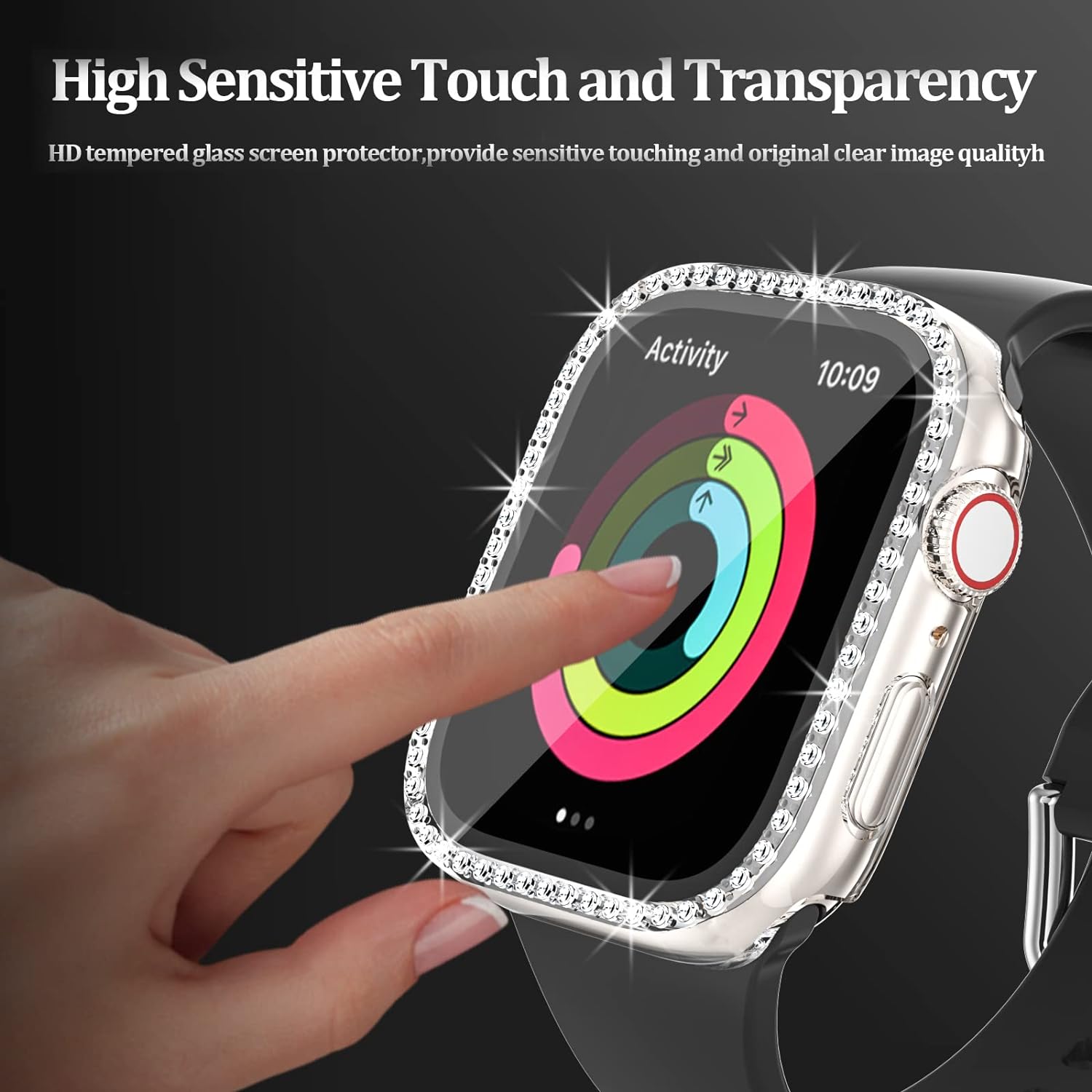 Haojavo Paquete de 5 fundas brillantes para Apple Watch Series 9, 8, 7, 1.77 pulgadas con protector de pantalla de vidrio templado, diamantes de