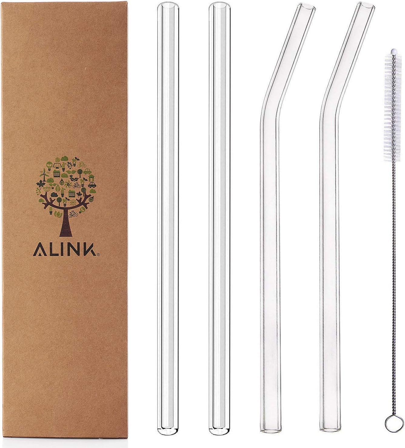 ALINK Pajitas de vidrio transparente, 0.354 x 0.394 in, reutilizables, rectas y dobladas, juego de 4 con cepillo de limpieza