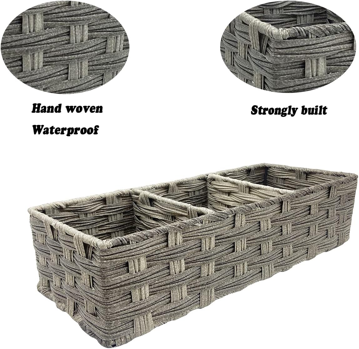 Bandeja de papel higiénico de 3 secciones, cestas de almacenamiento impermeables para tanque de inodoro, decoración rústica de baño, organizador de