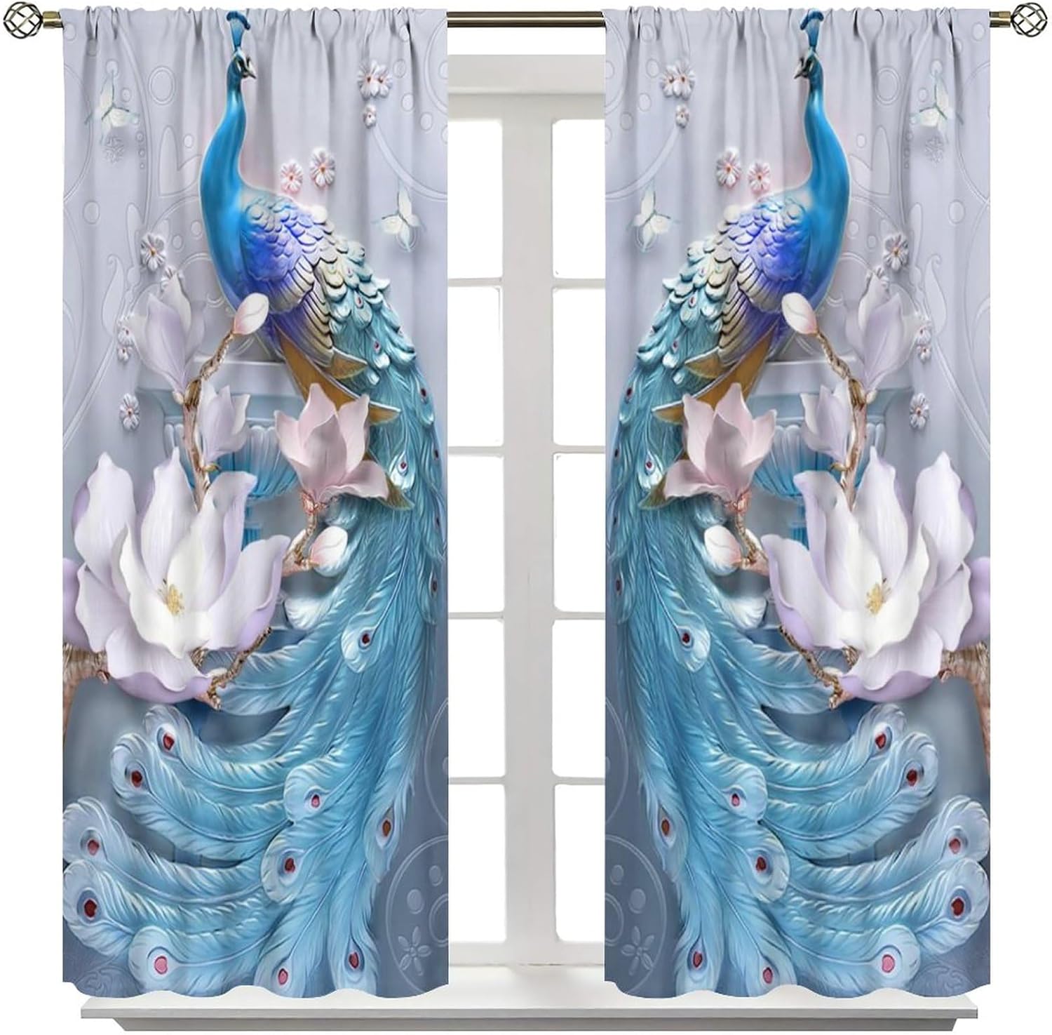 Cortinas de pavo real, flores blancas, hermosas y elegantes, estilo de pintura al óleo de pavo real azul, tela de poliéster, tratamientos de ventana