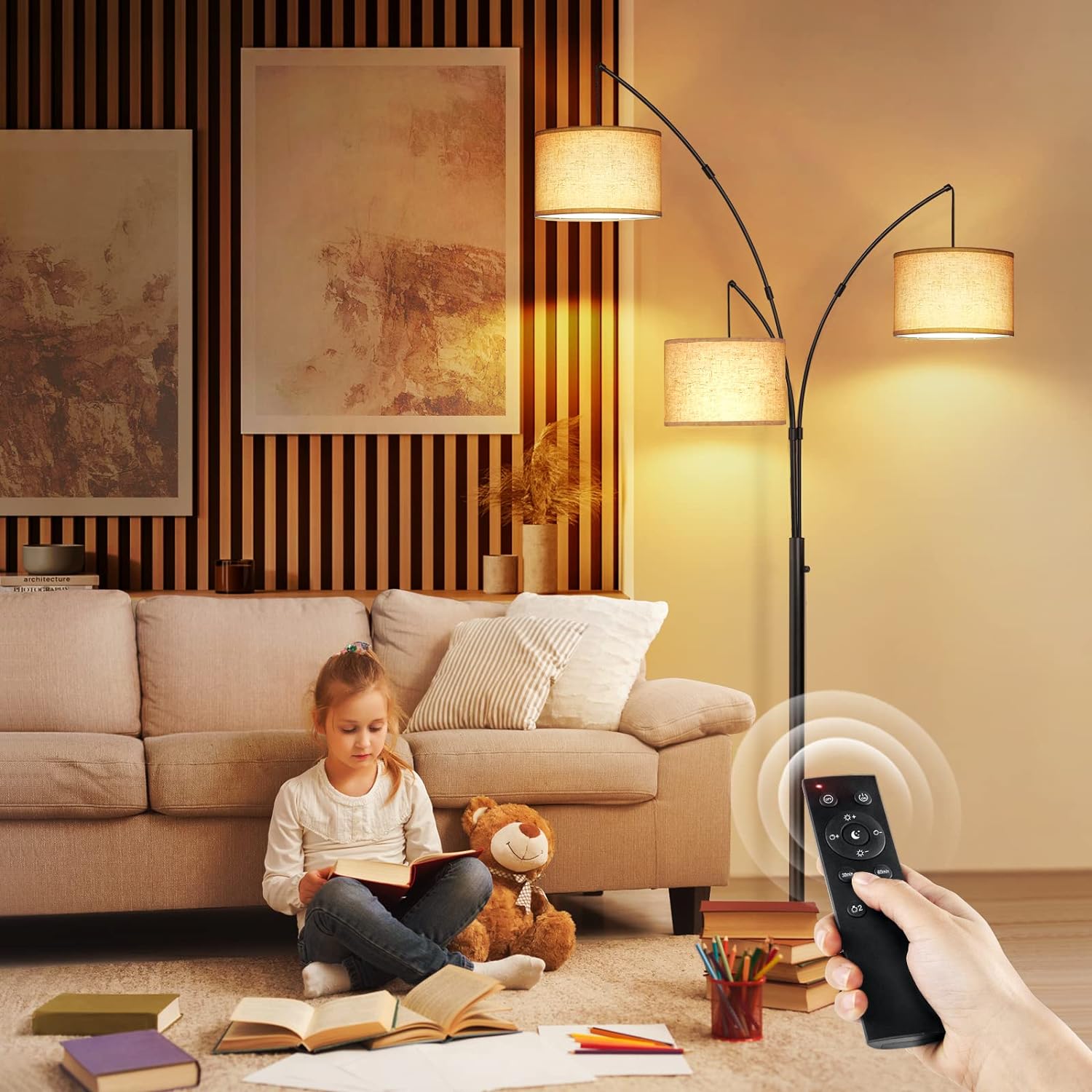 OUTON Lámpara de pie LED de arco con control remoto, regulable, moderna, de 3 luces, arqueada, alta, de mediados de siglo, para dormitorio, oficina,