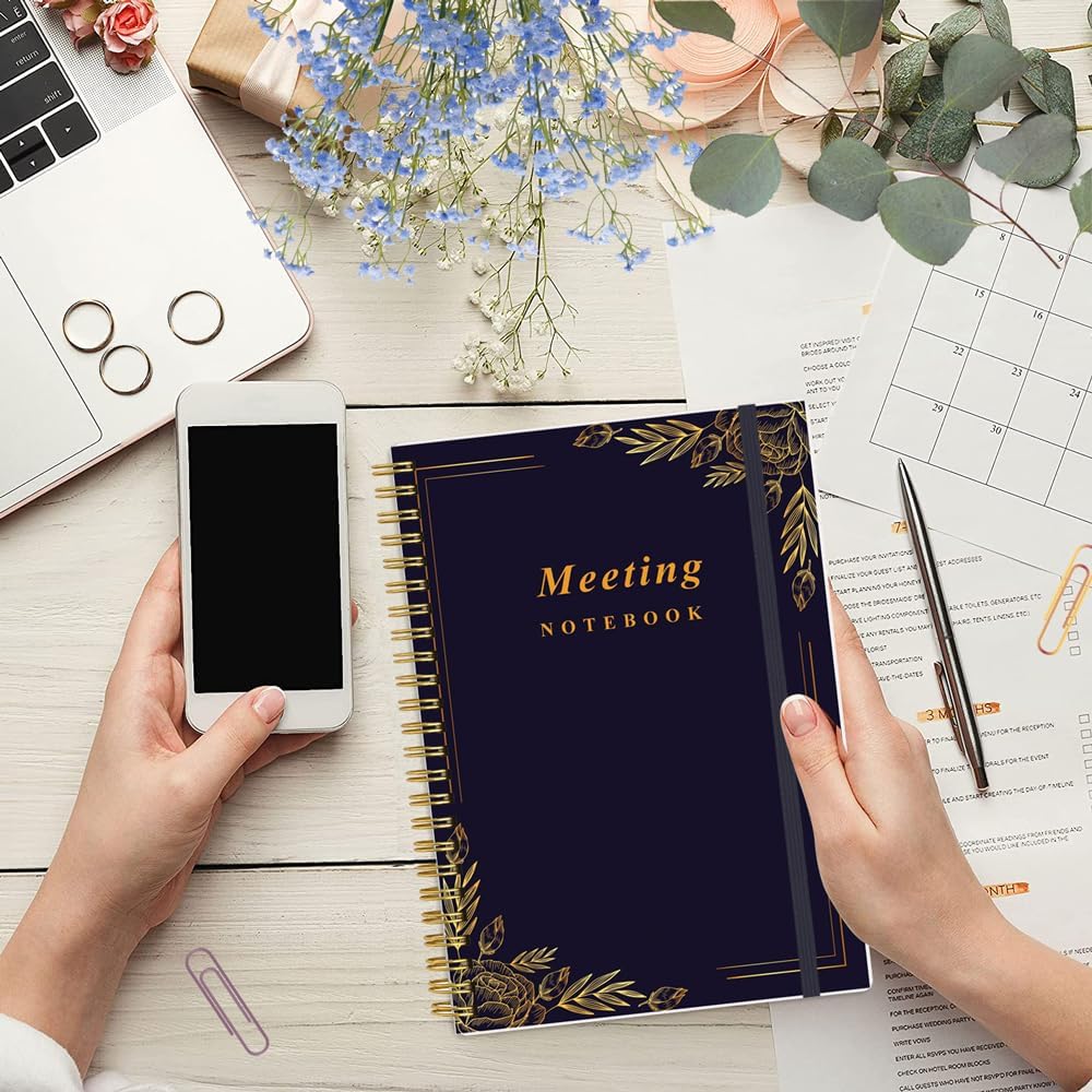 Cuaderno de reuniones para el trabajo con artículos de acción, planificador de proyectos en espiral A5 para tomar notas, notas de reuniones de