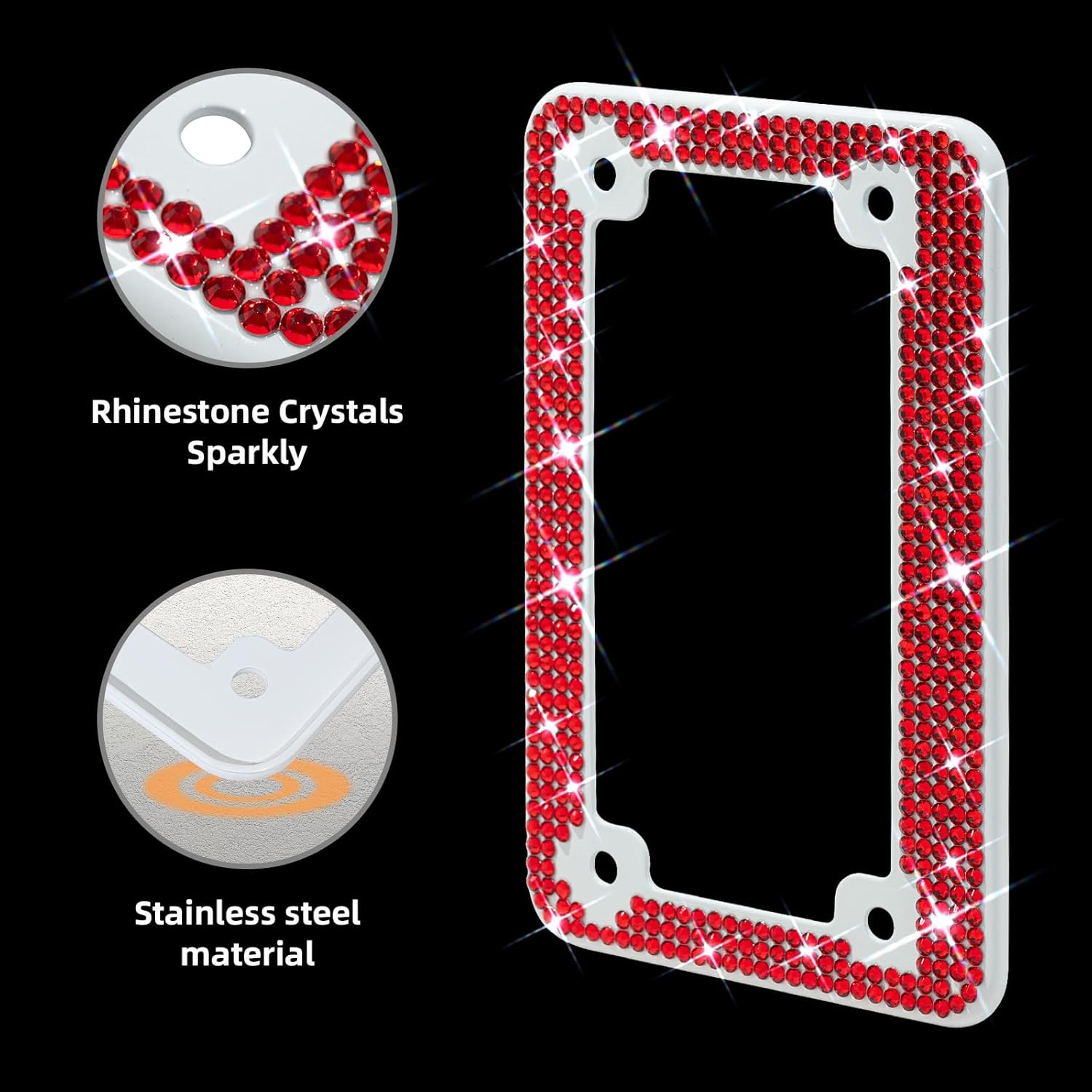 XCLPF Marcos de matrícula rojos brillantes para motocicleta,Soporte de placa de motocicleta con diamantes de imitación,Cubierta de placa de