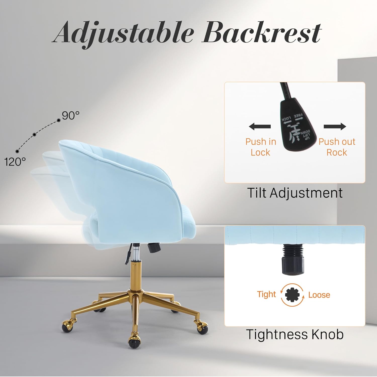 Homedraft Silla de escritorio giratoria para oficina en casa, moderna silla de escritorio de terciopelo, sillón de altura ajustable con base dorada,